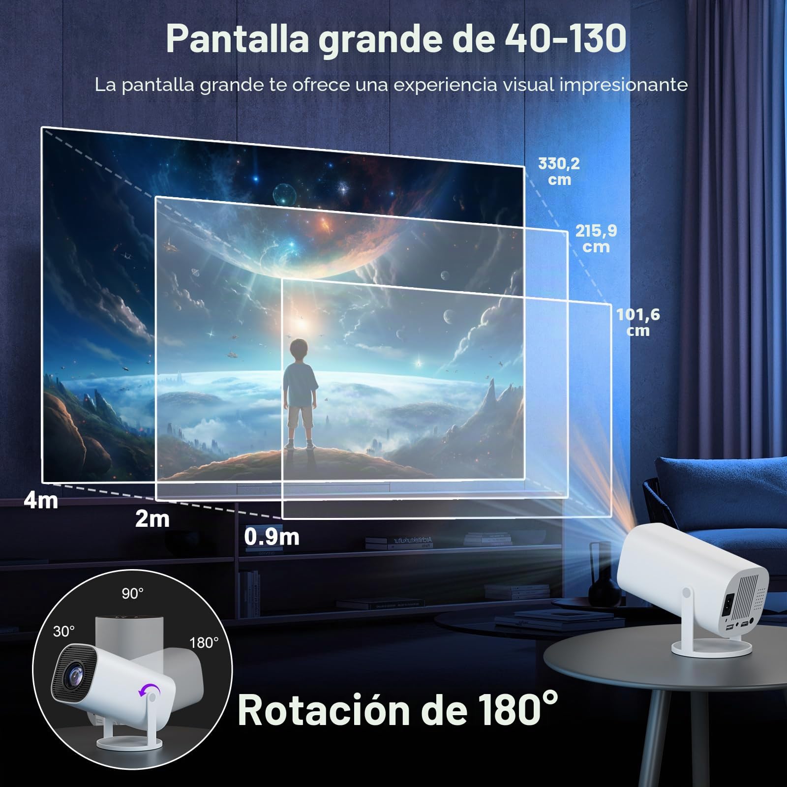 Proyector Portatil 4K Full HD 1080P, Proyector 4K con WiFi 6 y Bluetooth 5.4, con corrección Trapezoidal automática, rotación de 180°, Compatible con HDMI/TV Stick/PC/Memory Stick