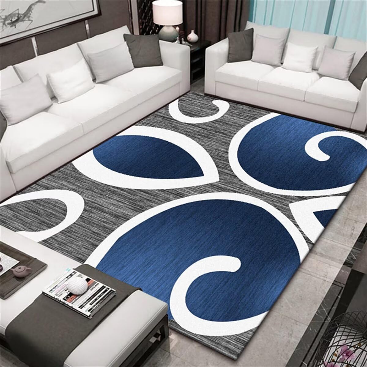 Tapis de salon à feuilles grises et bleues résistant 160x200cm