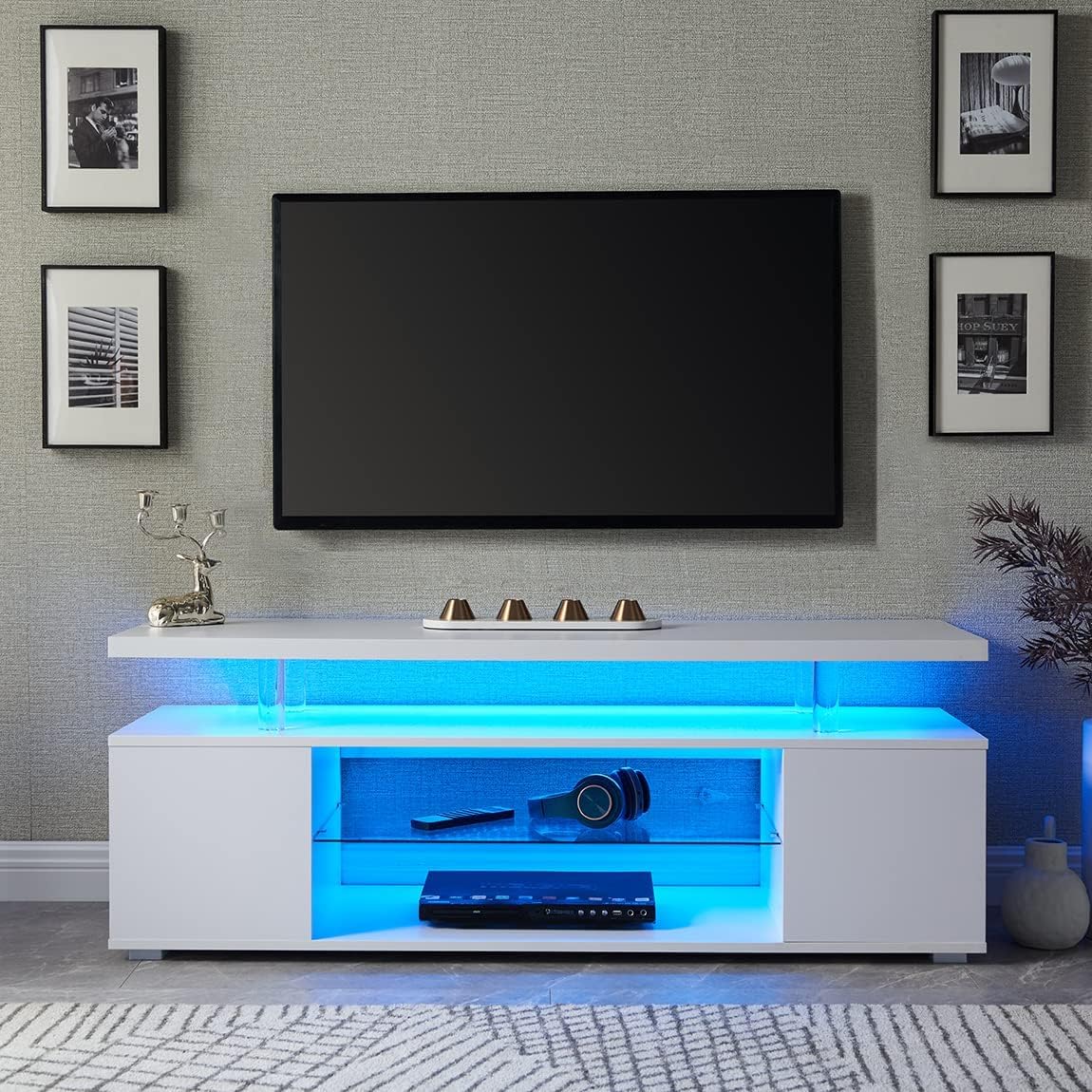 VFJ LED TV Stand White TV Stands for Living Room Modern TV Stand with Storage for 65/70/75 inche TVs Entertainment Center for Living Room (White+MDF+