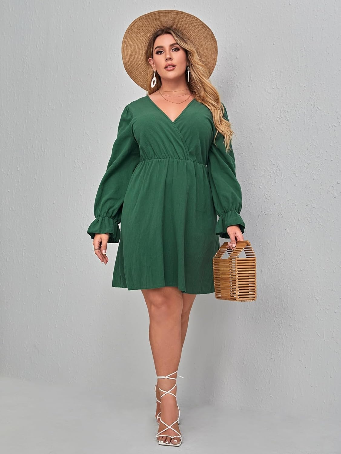 Wrap Dress for Women Plus Size with Long Sleeve, Green Knee-Length V-Neck Party Dress for Wedding Guest - Image 6