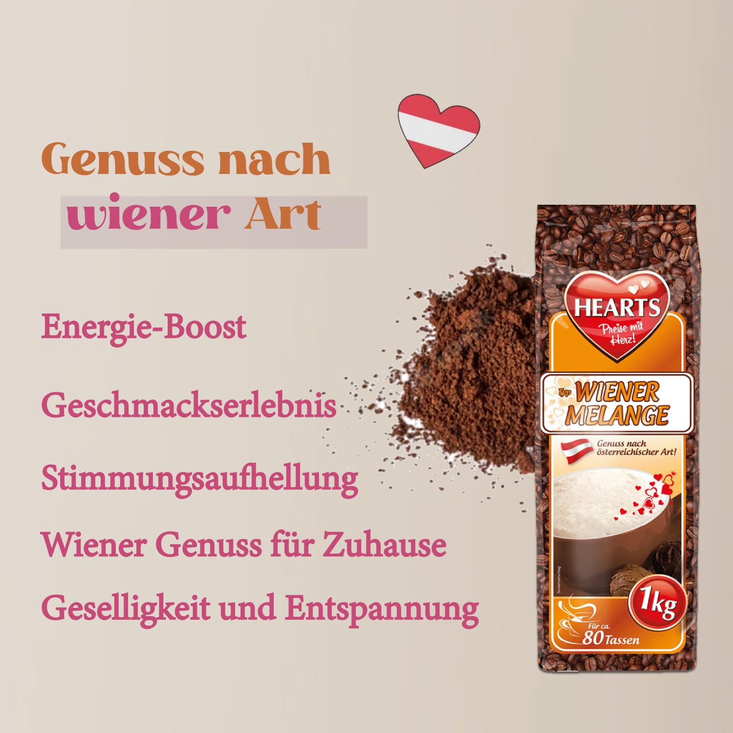 HEARTS Cappuccino Wiener Melange 10 x 1 kg - Aroma intenso, lechoso y cremoso, aprox. 80 tazas/bolsa, paquete familiar