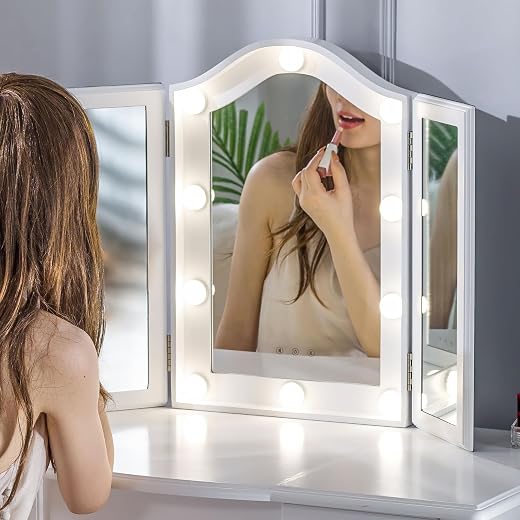 LUXFURNI Vanity Lighted Tri-fold Makeup Mirror with 10 Dimmable LED Blubs, Touch Control Lights Tabletop Hollywood Cosmeti...