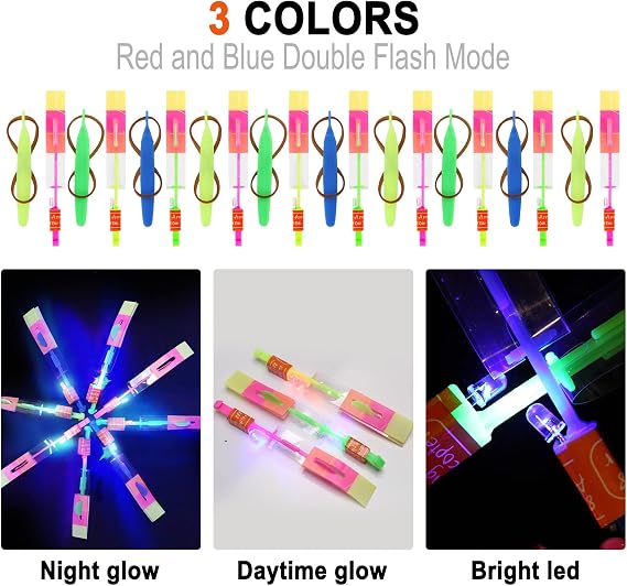 lpvoqpth 25 Sets LED Flying Set, 25 Slingshot+25 Glow Helicopter-50 Pcs, Flying Toy Outdoor Toys Glow in the Dark Party Supplies Party Favors for Kids 8-12,4-8