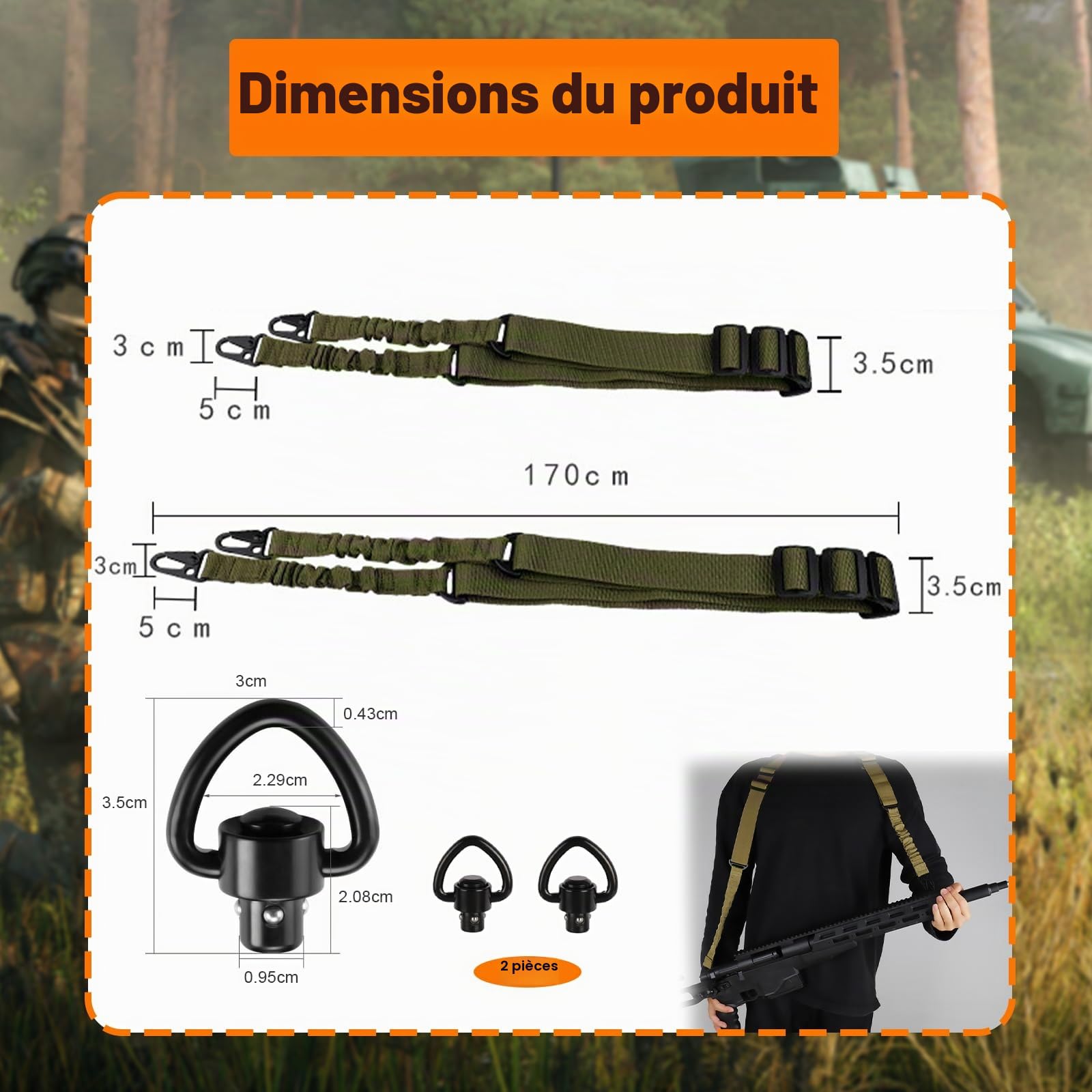 Sangle Airsoft avec 2 Crochets Métalliques, 2 Points Sangle Airsoft Réglable, Sangle de Fusil Nylon pour la Chasse Sportive en Plein Air (Vert)