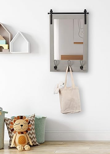 Miniatura 2 de Kate and Laurel Cates Espejo de pared rústico con ganchos, 18 x 28 pulgadas, color gris lavado, decoración de pared de granja con función