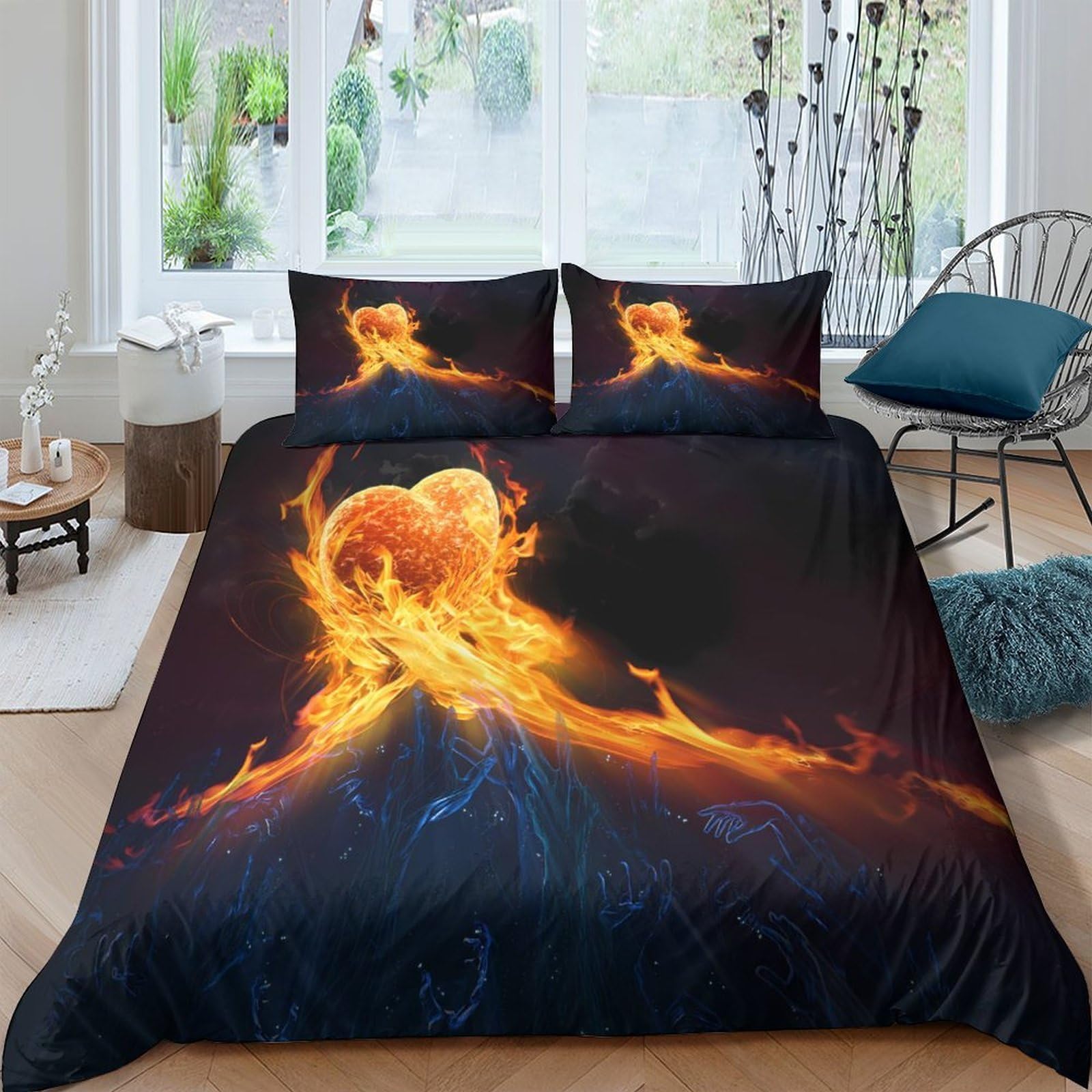 Ctjqhvkz Style-1 3D Printed Fire Heart Fitted Sheet Microfiber Soft Orange Flame Bed Cover For Bedroom Dorm Mattress Protection Decor Single（135X200cm）