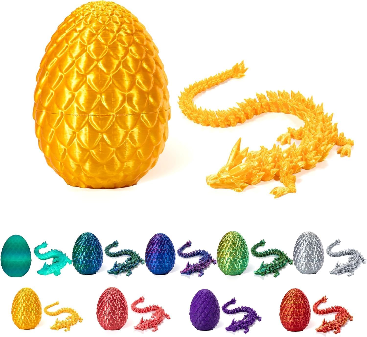 3D Printed Dragon in Egg,Full Articulated Flying Giant Dragon Crystal Dragon with Dragon Egg,Fidget Toy for Birthday Gift,Home Office Decor Executive Desk Toys for Autism/ADHD (Gold)