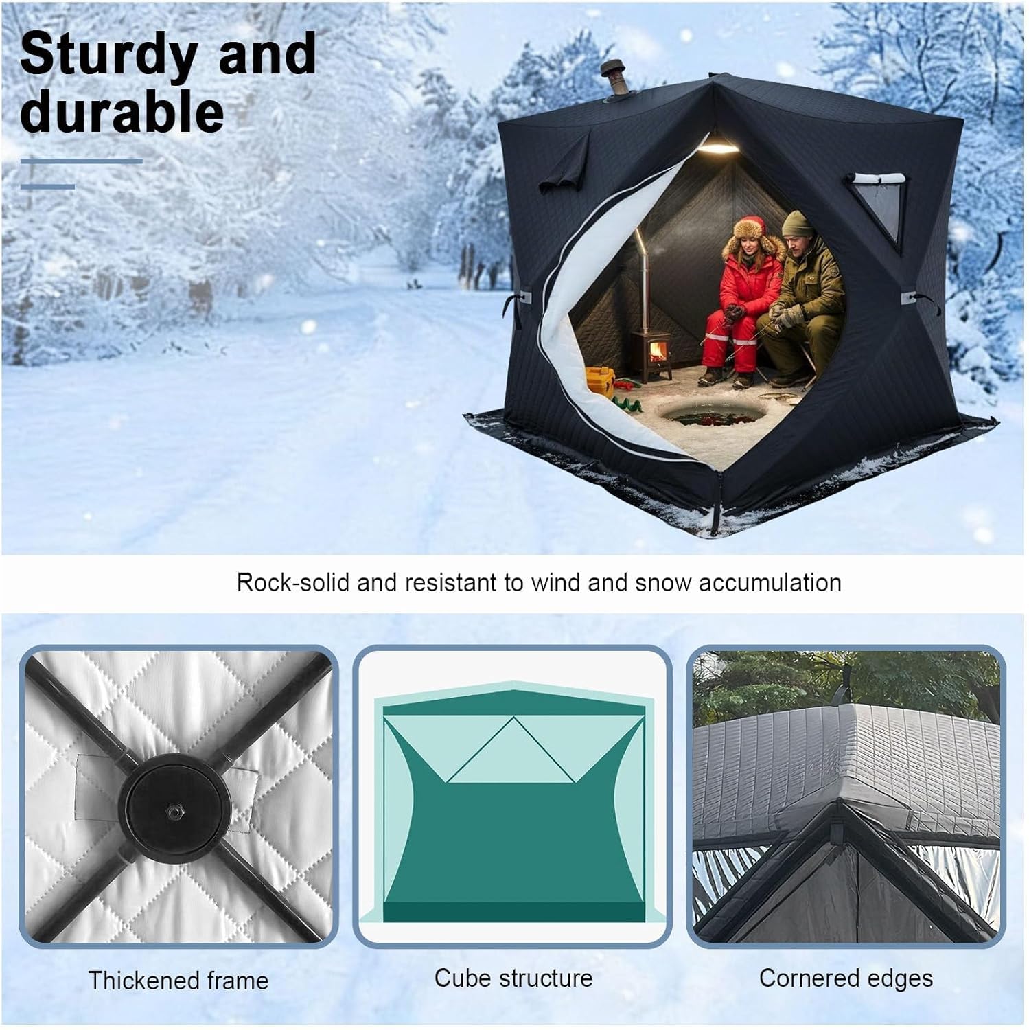 Outdoor-Saunazelt für 4 Personen: isoliertes Allwetter-Angelzelt mit Schornstein, stabiles Design, einfacher Aufbau. Ideal für Camping und Schneefischen in kalten Umgebungen.