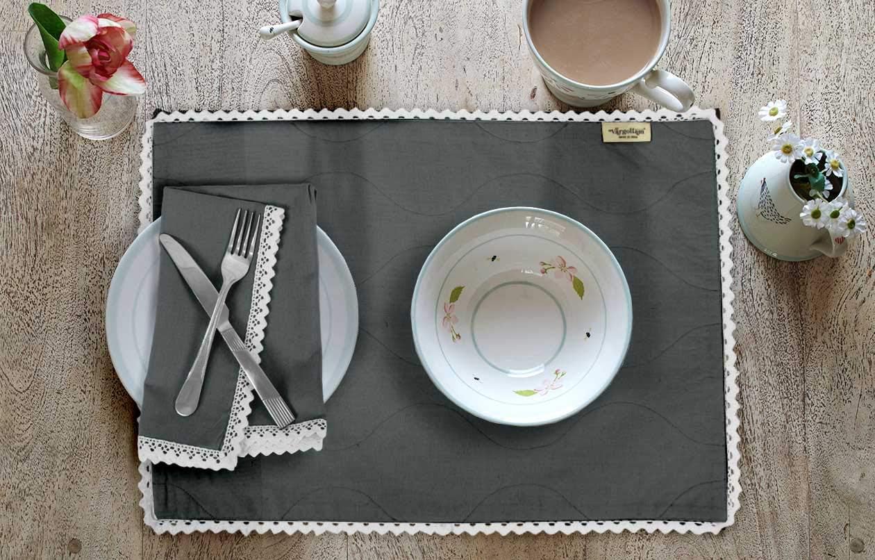 Gray Solid Home Decor Washable Lace Placemats & Napkins Table Decor Dining Mats-Pack of 6