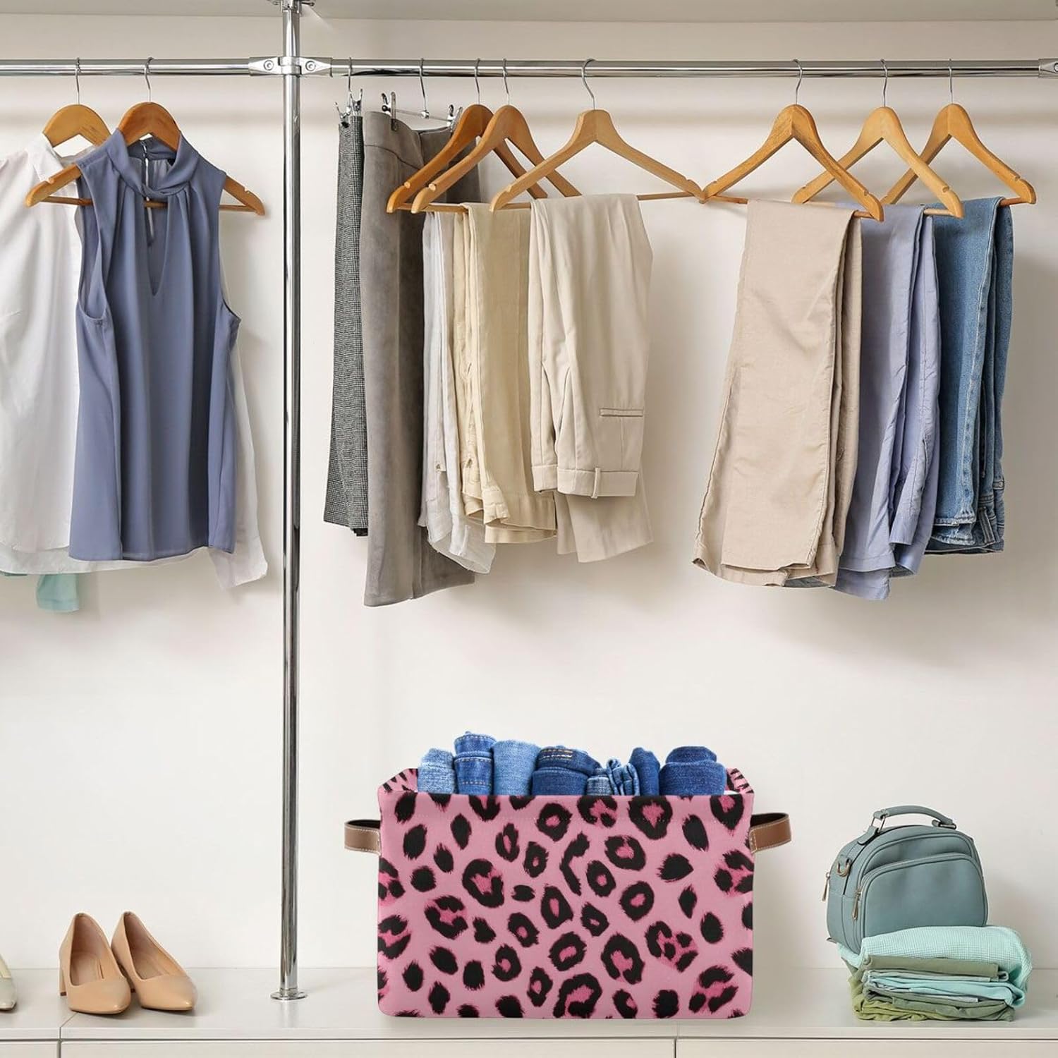 JIPONI Pink Leopard Print Fabric Storage Bins for Shelves, Decorative Storage baskets for organizing, Closet Organizer with Handle for Cloth, Toys, Bedrooms, Farmhouse