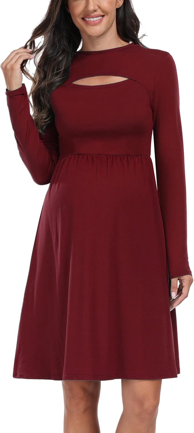 Long Sleeve Fall Maternity Dress Floral A Line Swing Casual Dress for Baby Shower Photoshoot - Image 3