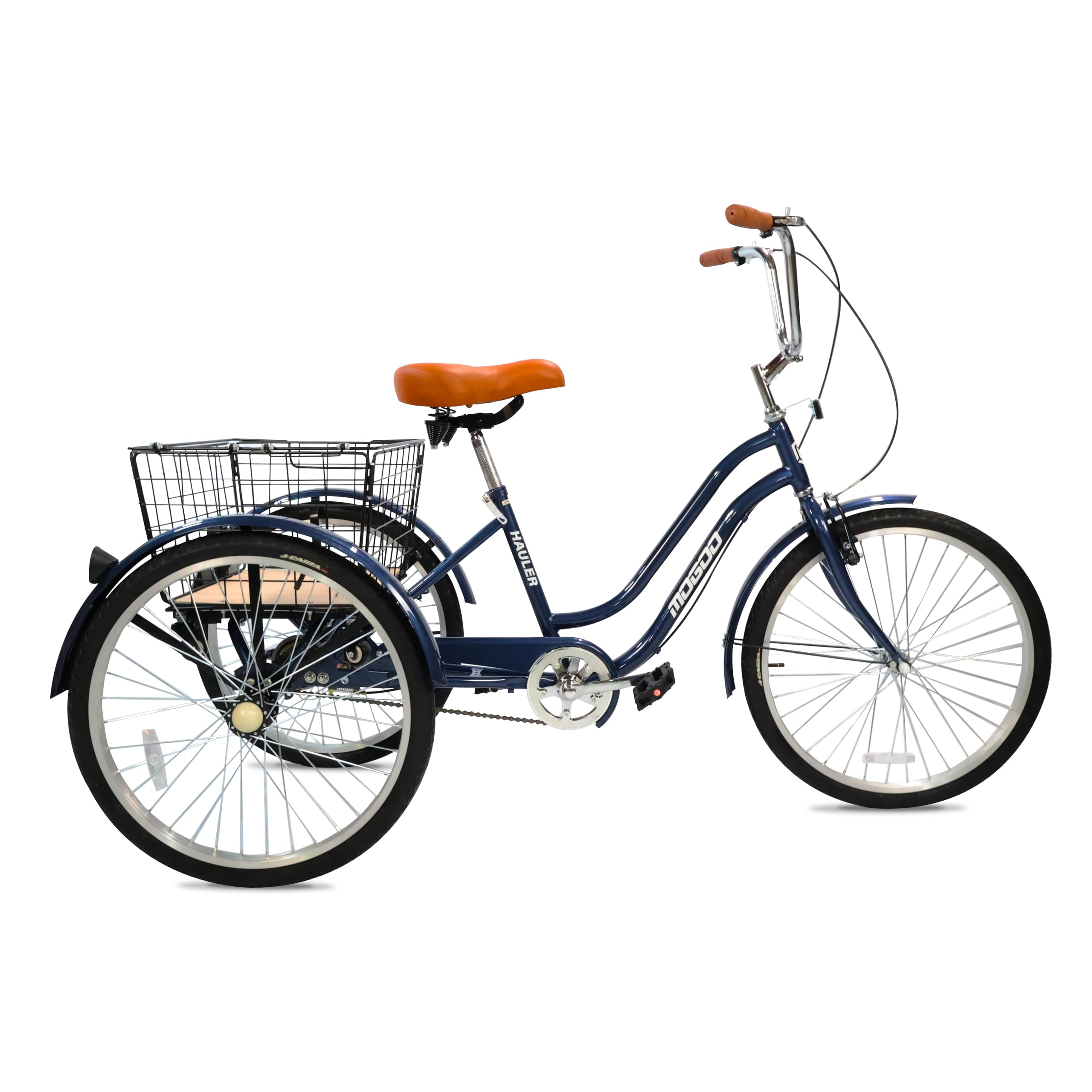 Mogoo Hauler Adult Tricycle - 24/26 Inch - Steel Frame, Removable Rear Basket With Wheels, Alloy Rims, Parking Brake, Saddle with Springs, Vintage Design, Perfect for Shopping