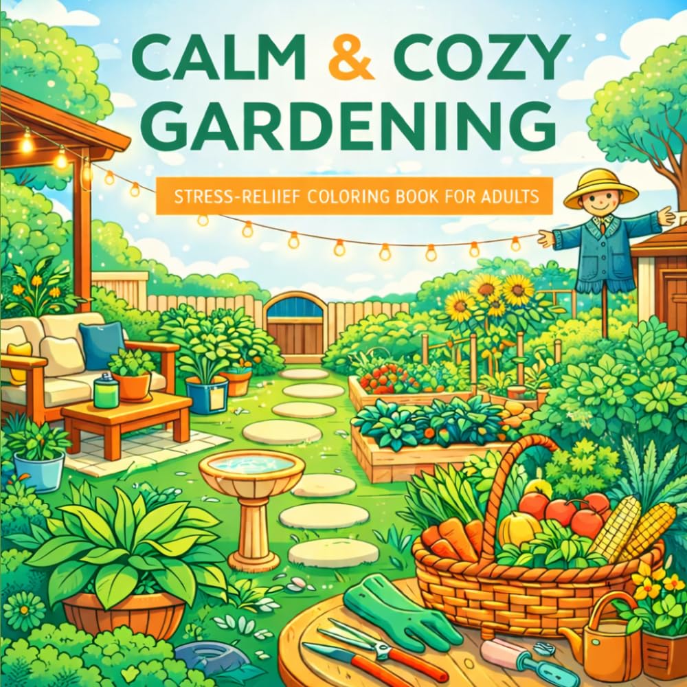 Calm & Cozy Gardening: A Stress-Relief Coloring Book for Adults Featuring Peaceful Garden Scenes, Plants, and Cozy Outdoor Spaces