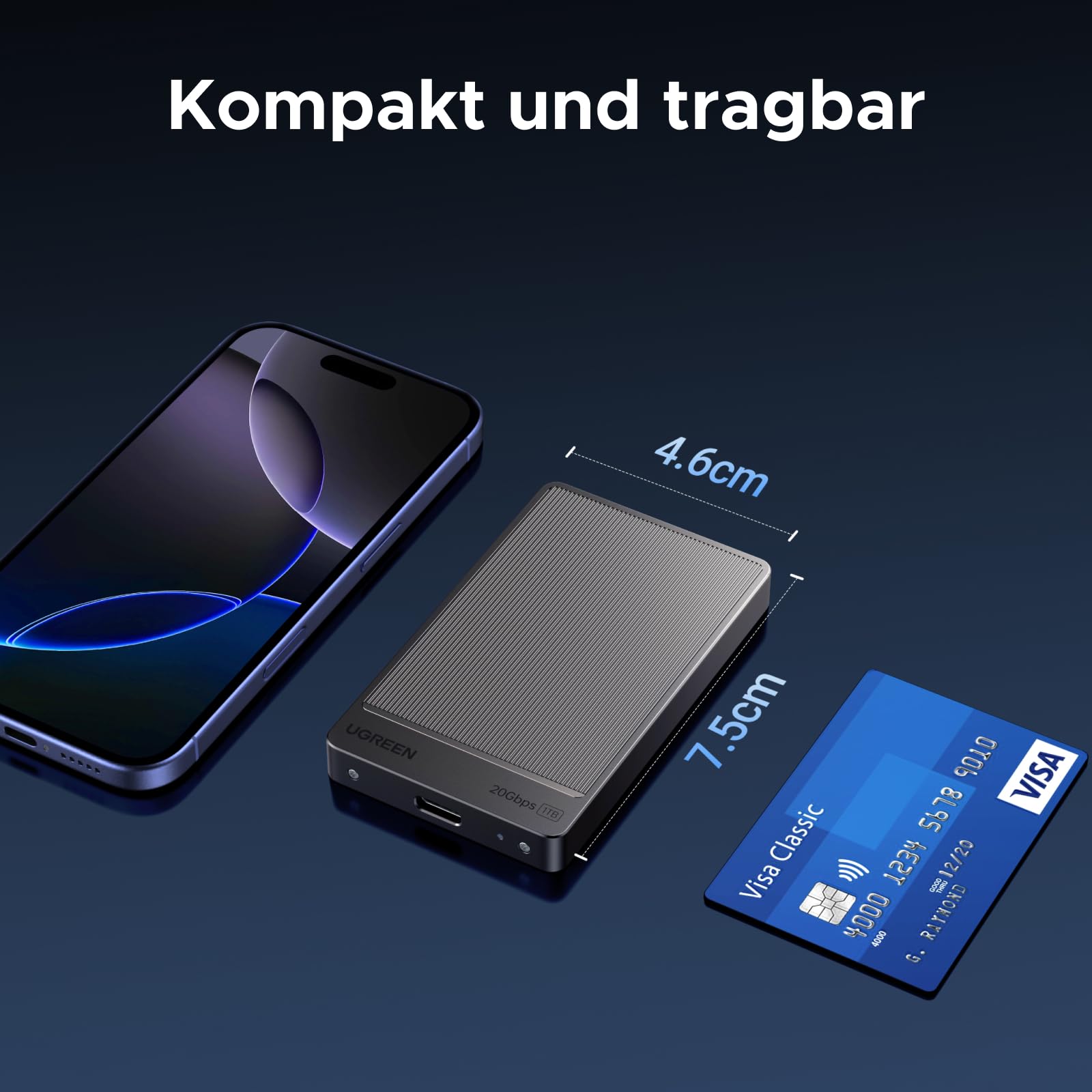 UGREEN Extreme Portable SSD 1 TB, 2.000 MB/s Lesen, 2.000 MB/s Schreiben, USB 3.2 Gen.2x2, Externe Festplatte für Mac, PC, Smartphone, Kamera und MU-PG1T0B/EU