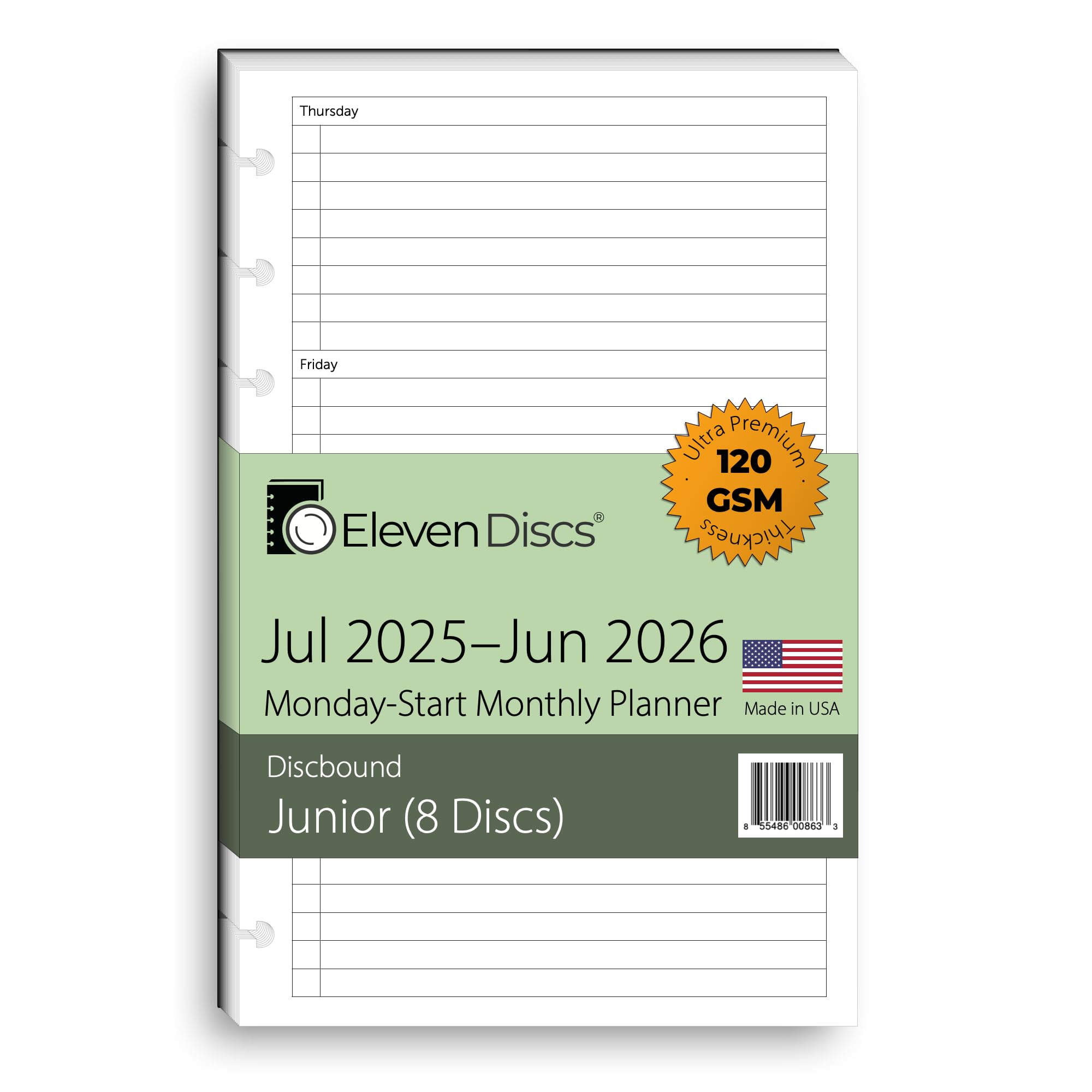 Eleven Discs July 2025–June 2026 Academic Year Monthly Planner, Monday Start, Junior Size, Two Styles (Separated, Booklet), Premium Heavyweight