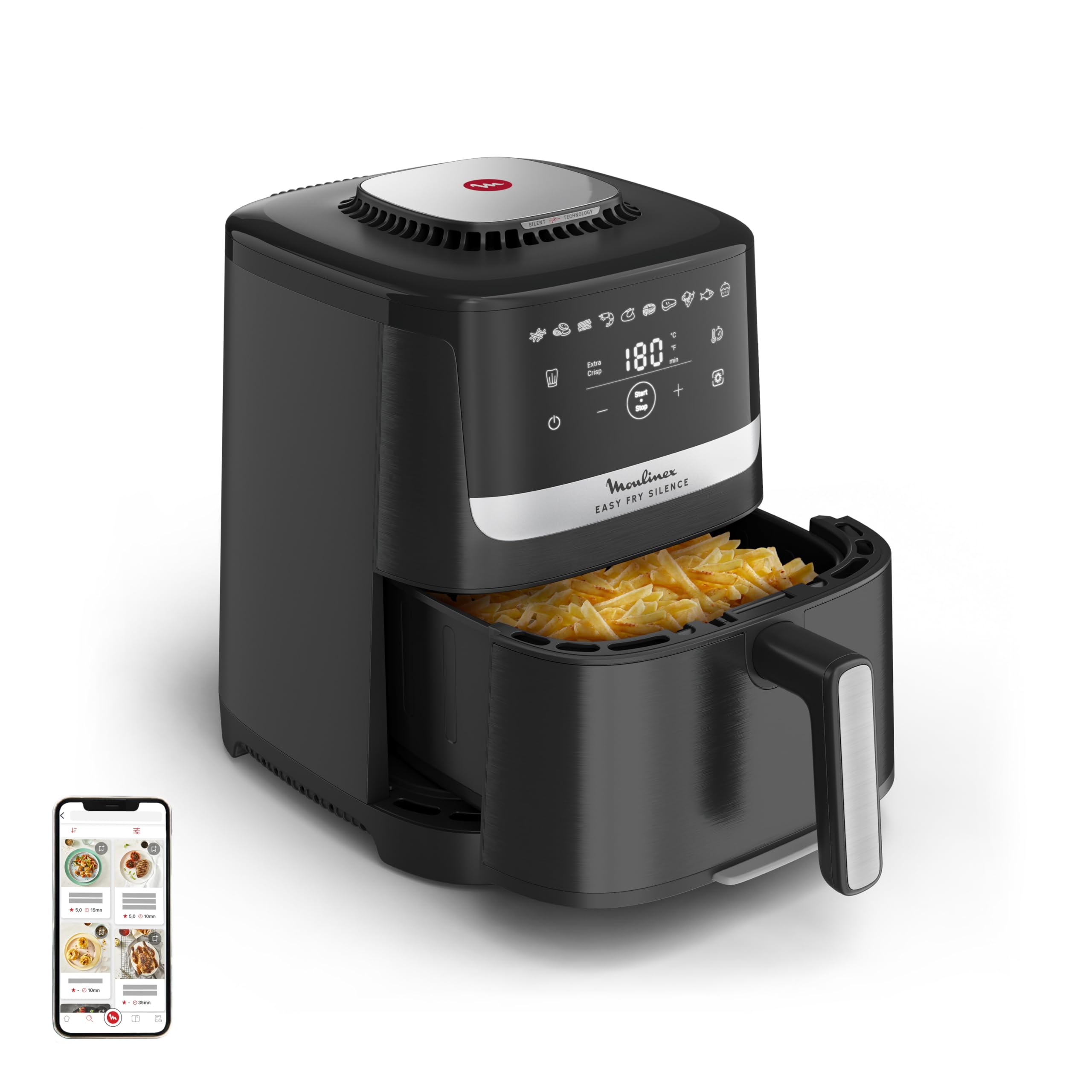 Moulinex Easy Fry Silence, freidora de aire, Cesta de Almacenaje 5L, TecnologÃa Silenciosa, Sistema de Limpieza y Almacenamiento Fácil, 10 programas, Negra, EZ5528F0