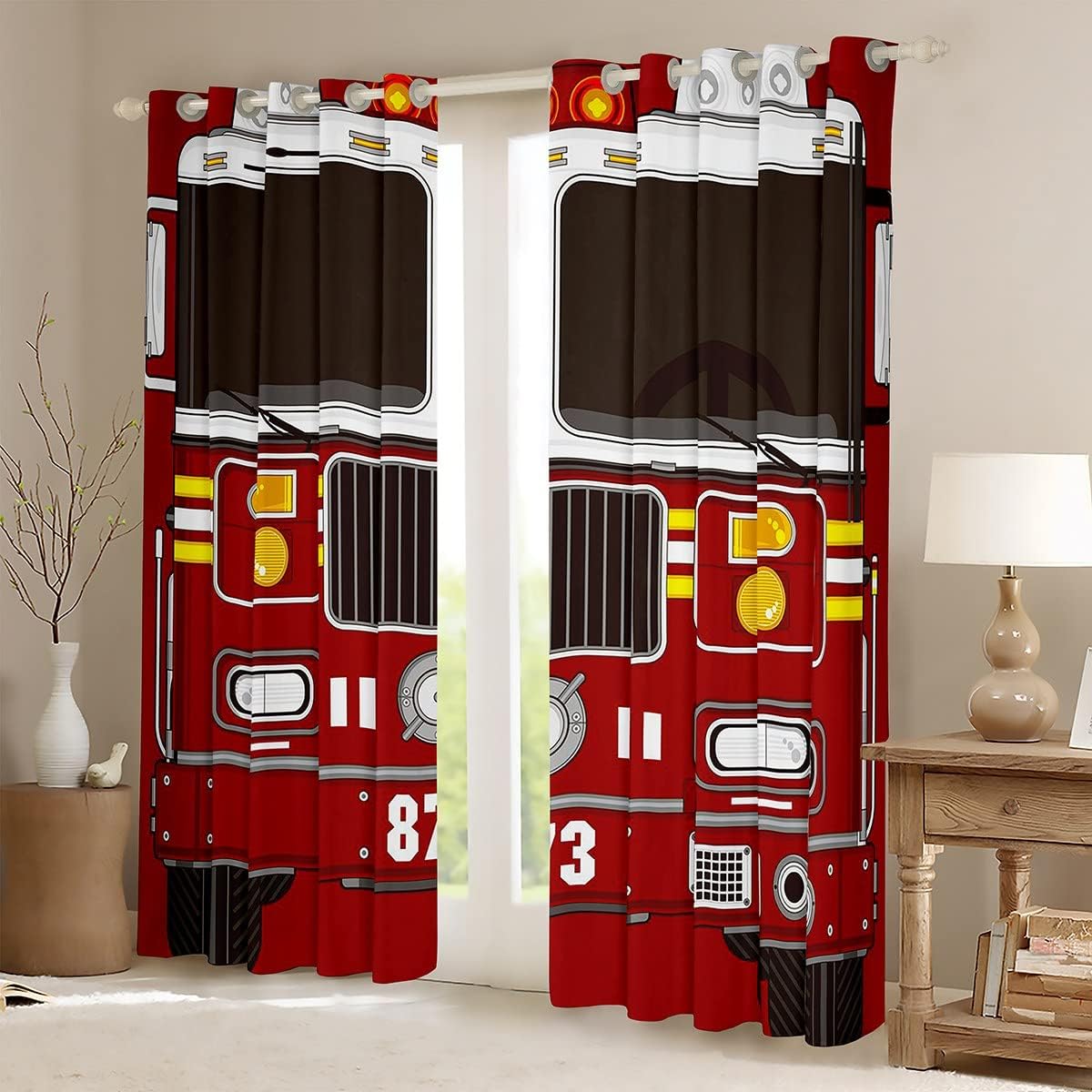 3D Fire Truck Print Curtains for Kids Adults,Fire Engine Window Treatment Black Red Firemen Car Vehicle Window Curtains,Cartoon Firefighter Truck Draperies Fire Fighting Vehicle Bedroom Decor 84"X90"