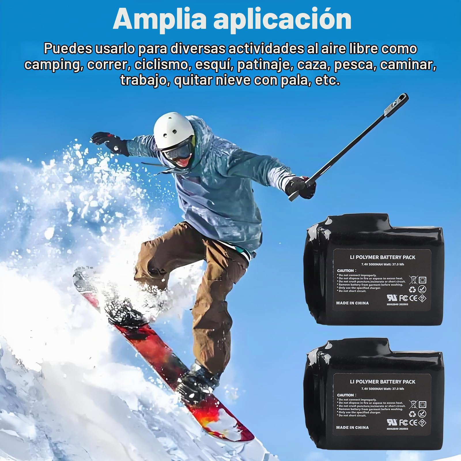 2 baterías Recargables de polímero de Litio de 7,4 V, 5000 mAh, 37 WH y Cargador para Guantes, Calcetines, Gorros, pasamontañas, Plantillas, Ropa Interior térmica y Mitones.