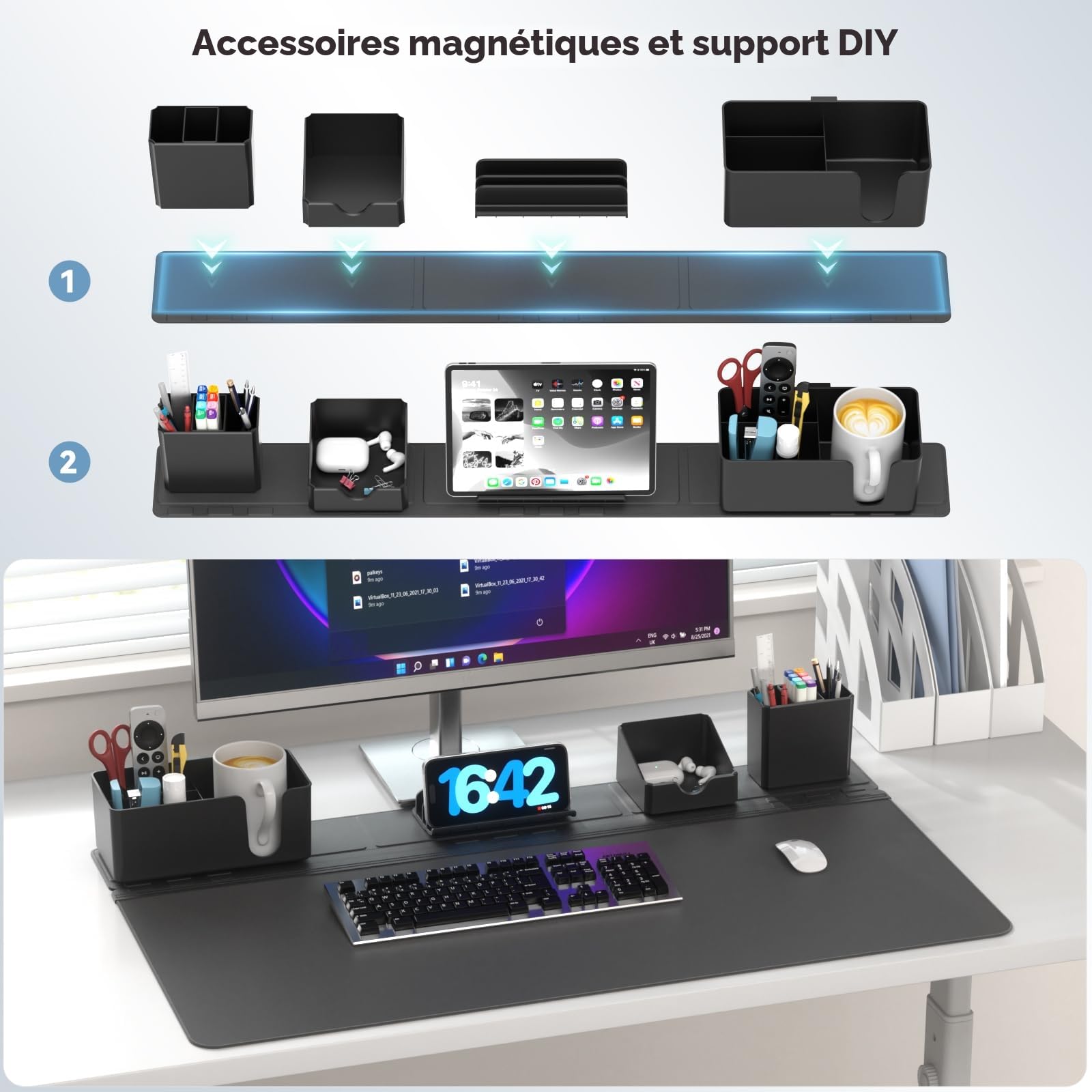 KDD Tapis de Bureau avec Set Organisation - 5 en 1 Tapis de Souris XXL avec Rangement Bureau - Support Magnétique pour Téléphone/Boîte Rangement avec Porte-gobelet/Porte-stylo pour Bureau, Maison