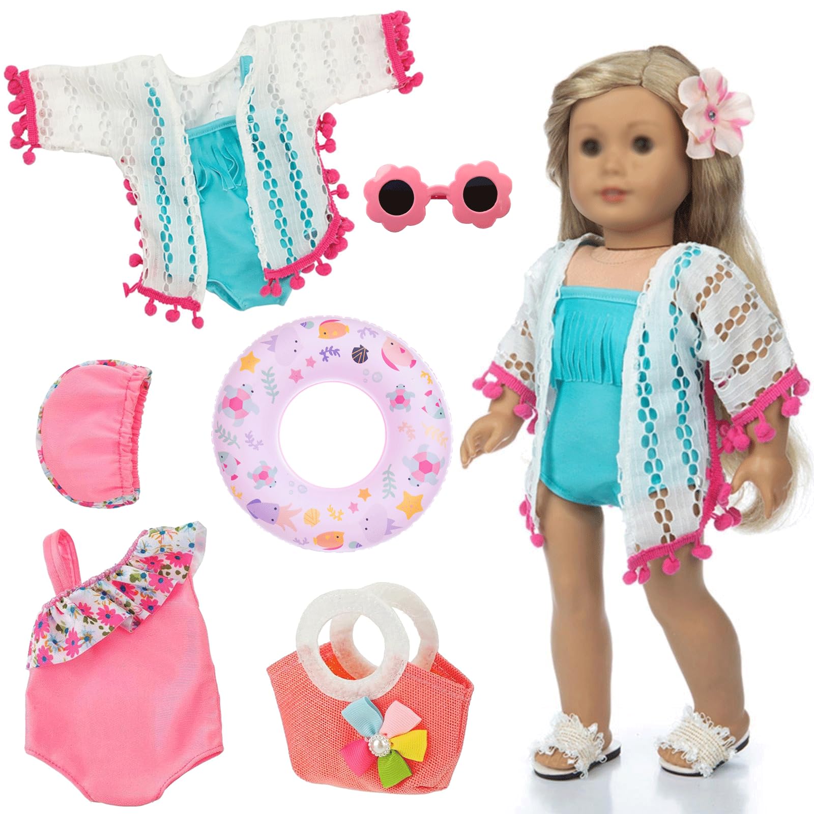 45,7 cm Puppenkleidung und Zubehör, Puppen-Schwimm-Outfit inklusive Badeanzüge, Hut, Sonnenbrille, Girlande, Handtasche, Schwimmring (Puppe nicht im Lieferumfang enthalten)