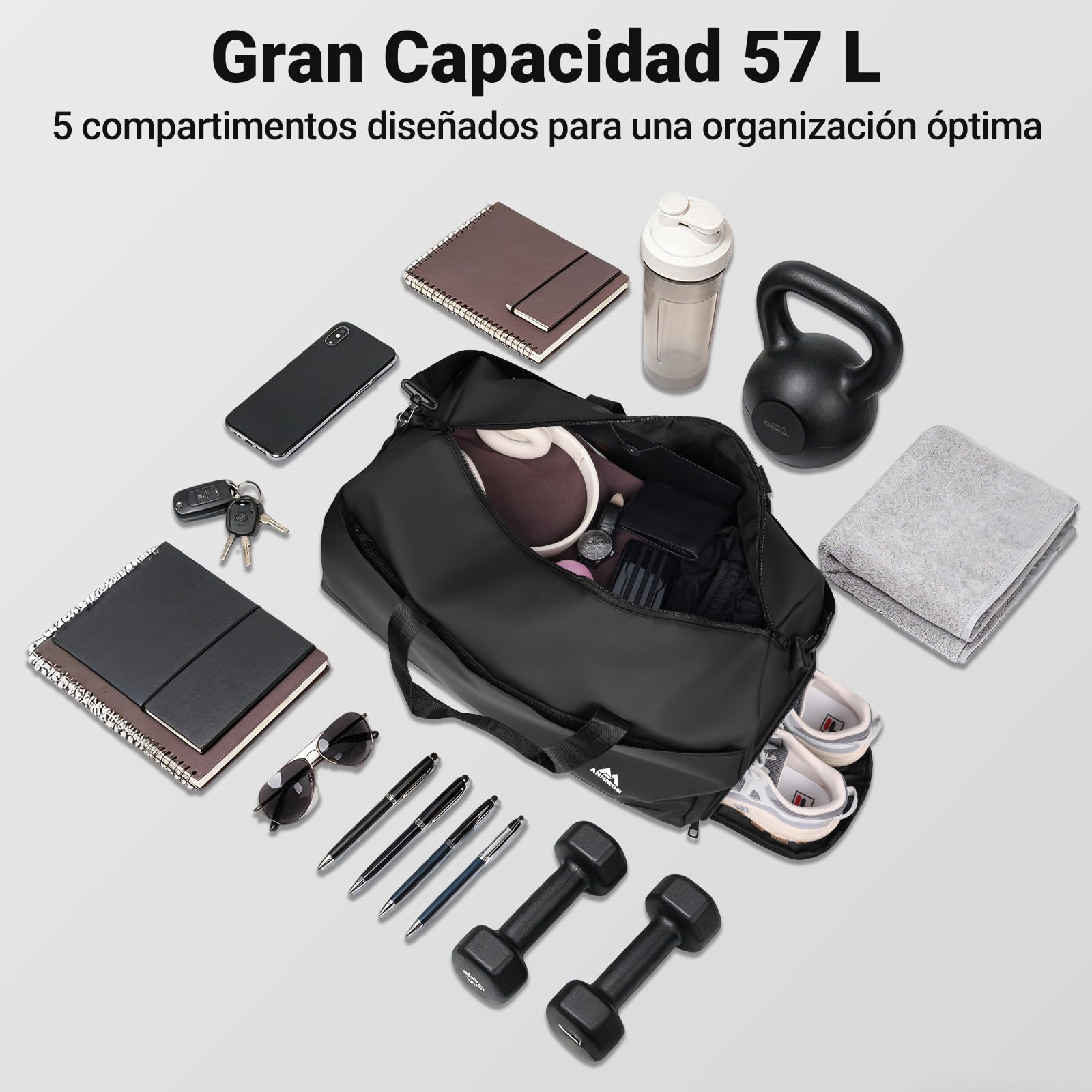 Bolsa Deporte Hombre, 57L Gym Bag con Compartimento para Zapatos y Separación Húmedo/Seco