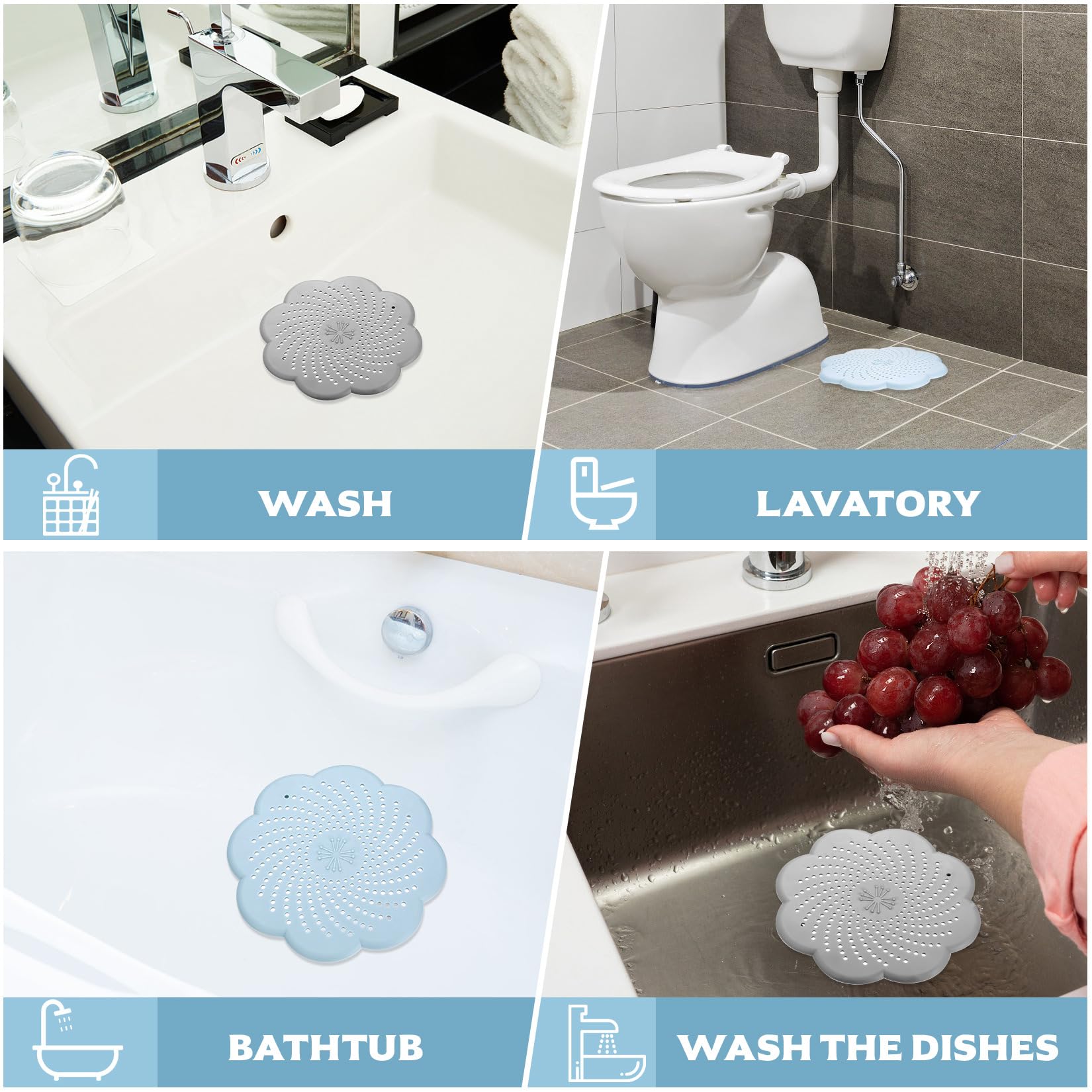 4 stuks afvoer-haarvanger, afvoerafdekking voor douche, siliconen haarzeef voor badkamer en keukenfilter, doucheafvoerbescherming plat filter (Vijfhoekig (2*roze 2*wit 2*blauw 2*groen