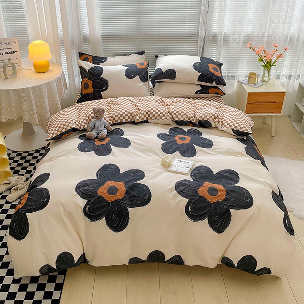 Houseri Black Sunflower Comforter Set California King 3D Foral Beige White and Black Brown Bedding Soft Comfy Comforter Cal King Size Women Modern