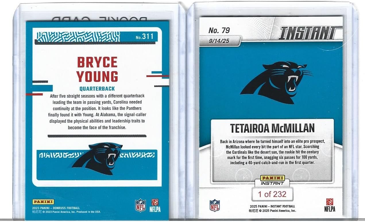 Bryce Young and Tetairoa McMillan 2 Card Football Rookie Lot Donruss & Instant Panthers Young Star Quarterback & Wide Receiver. You Wii Receive Both Cards Shown