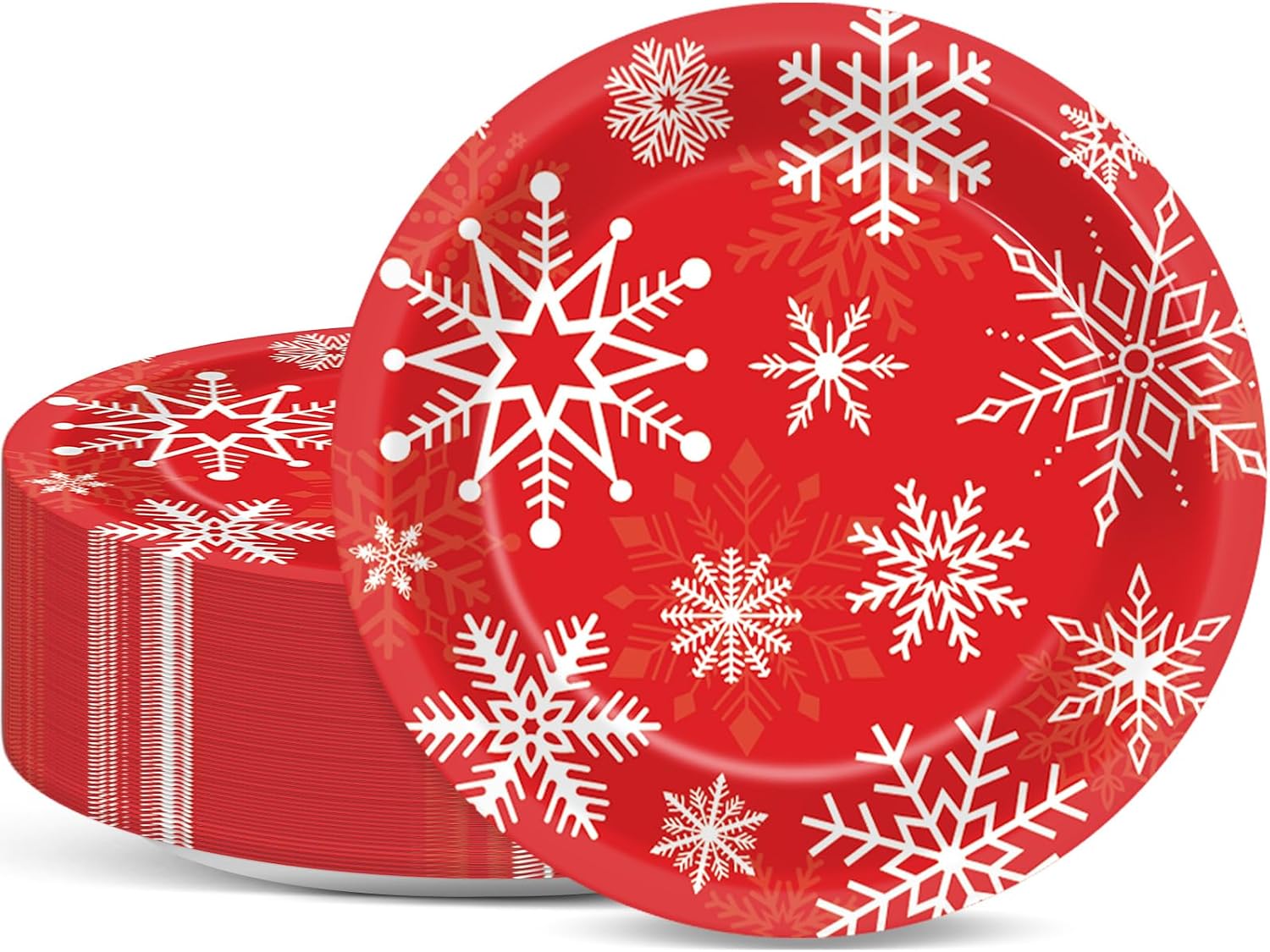 48 PCS Merry Christmas Paper Plates Christmas Theme Dishes Serves 48 guests Xmas Party Supplies Snowflakes Round Plates Bulk Christmas Platter for Xmas Holiday Party Decor Red Disposable Tableware