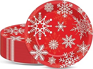 48 PCS Merry Christmas Paper Plates Christmas Theme Dishes Serves 48 guests Xmas Party Supplies Snowflakes Round Plates Bulk Christmas Platter for Xmas Holiday Party Decor Red Disposable Tableware
