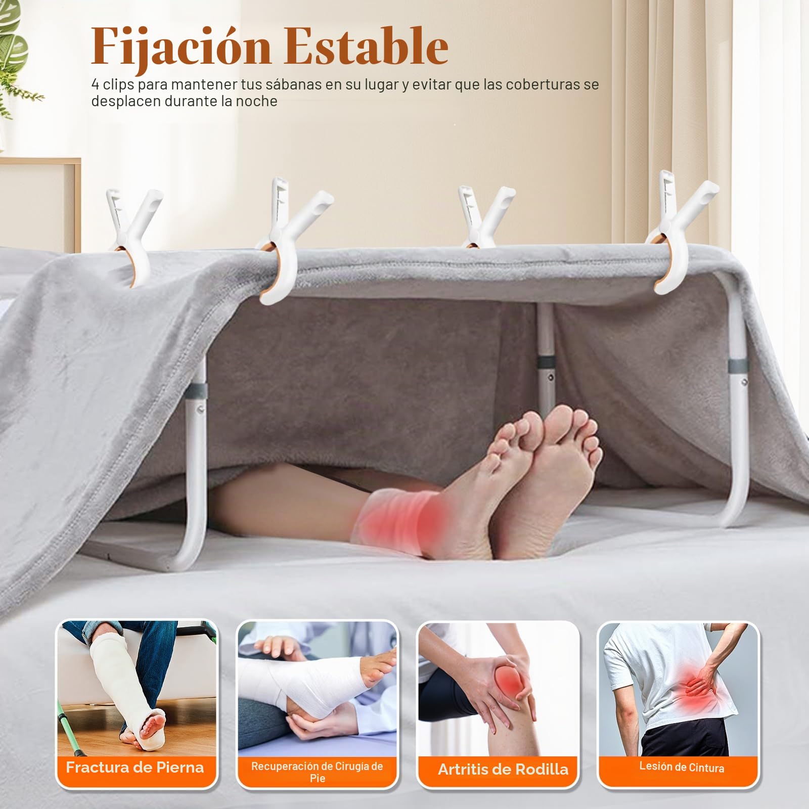 DePango Elevador de Manta para Pies, Elevador de Manta de Aleación de Aluminio para Pie Dedos Pierna Rodilla Tobillo Recuperación Post Cirugía, 4 Clips Incluidos