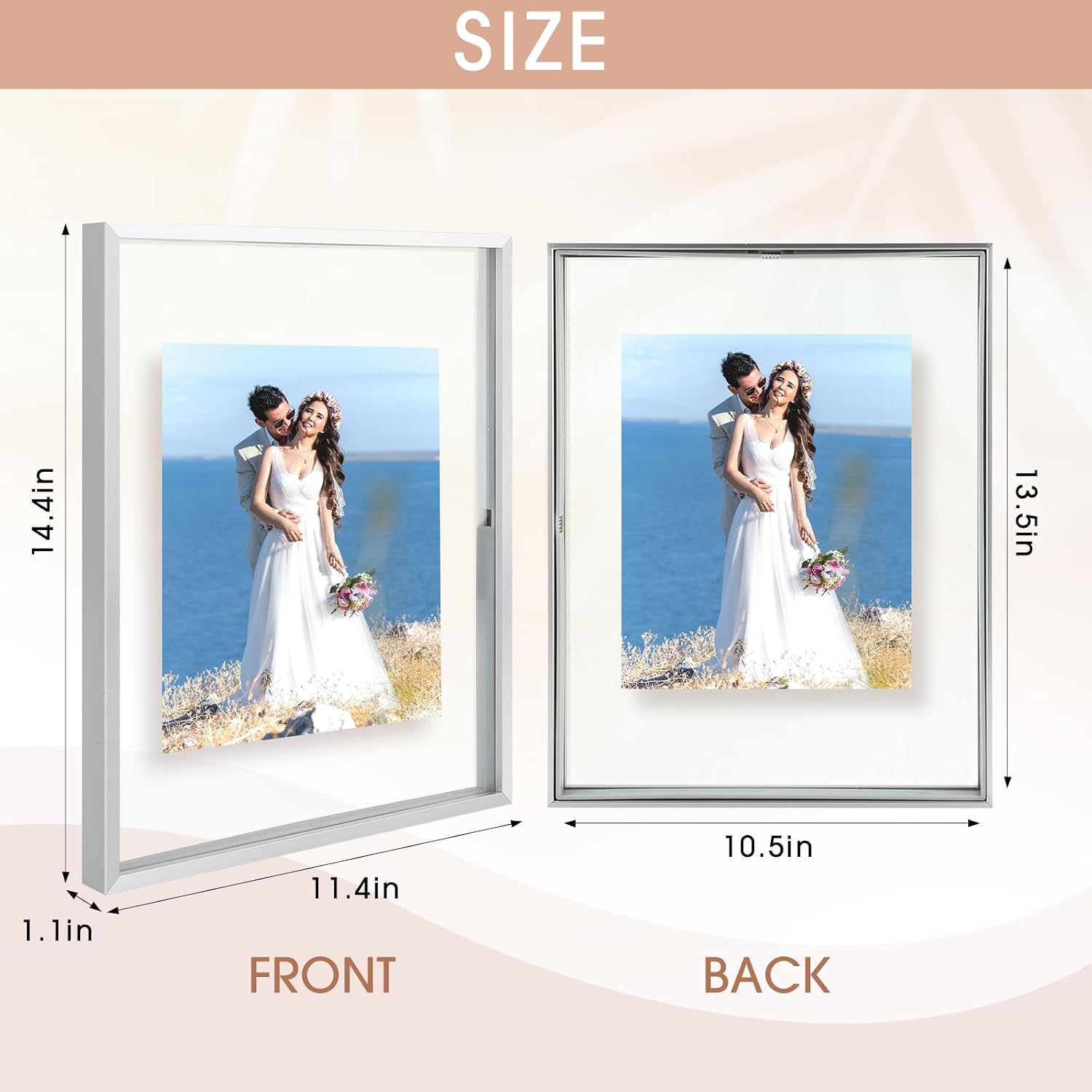 Golden State Art, 11x14 Floating Frame, Silver Aluminum Picture Frame, Clear Glass Displays Any Size Photo Up To 11x14, Home Gallery Wall Decoration, Display Horizontal and Vertical