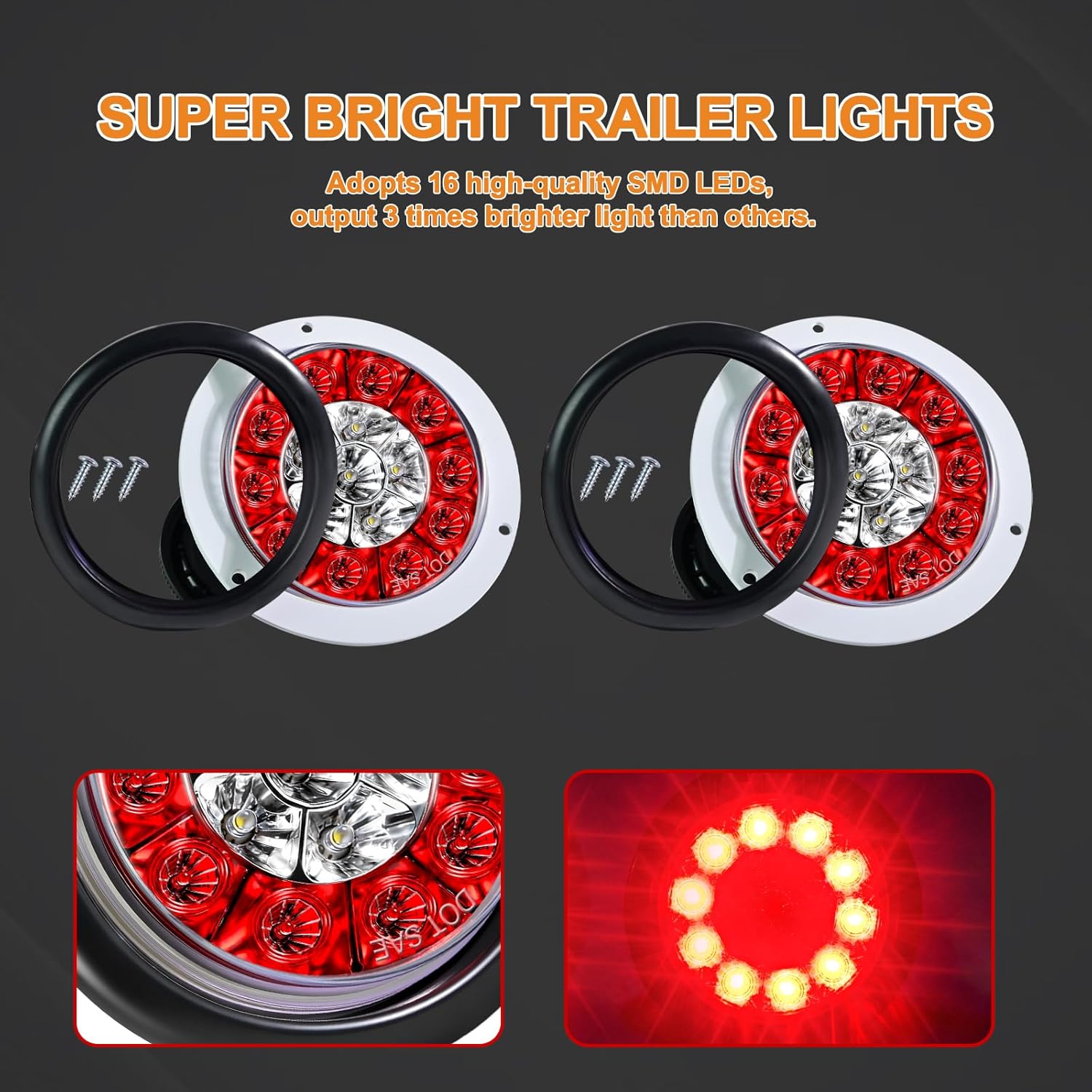 4 Pcs 4" Round LED Truck Trailer Tail Lights 16 LEDs Stop Brake Reverse Backup Running Light with Rubber Grommet Red White LED Lamps Sealed Surface Mount for Trailers Trucks RVs 12V