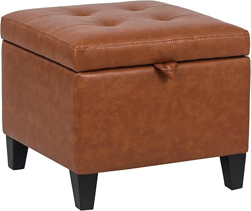 Otomana de almacenamiento de poliuretano de 17.5 pulgadas, reposapiés cuadrado con asiento acolchado de espuma, color marrón