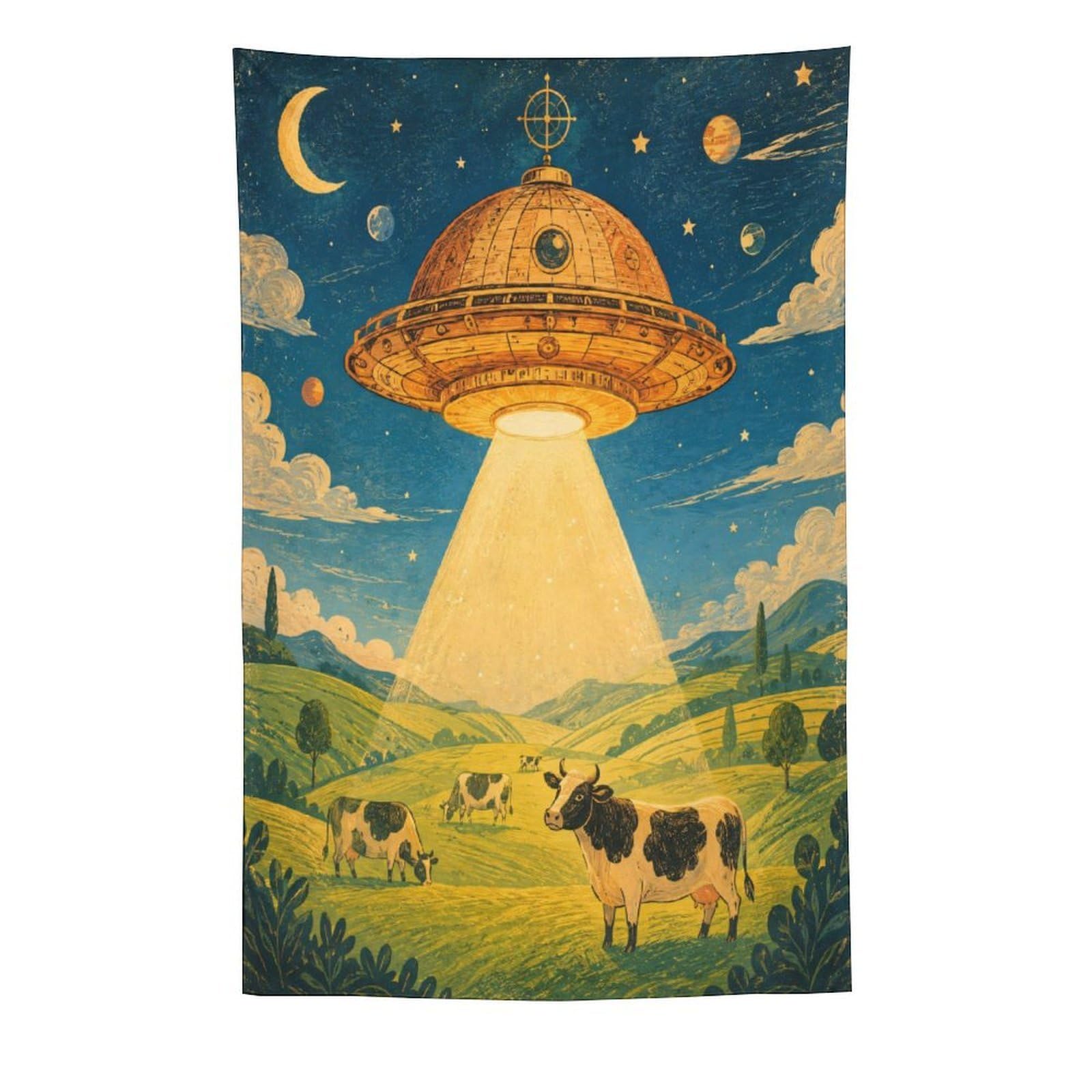 H3B8U2Y5 UFO Cattle Green Pasture Wall Tapestry, Retro Sci Fi