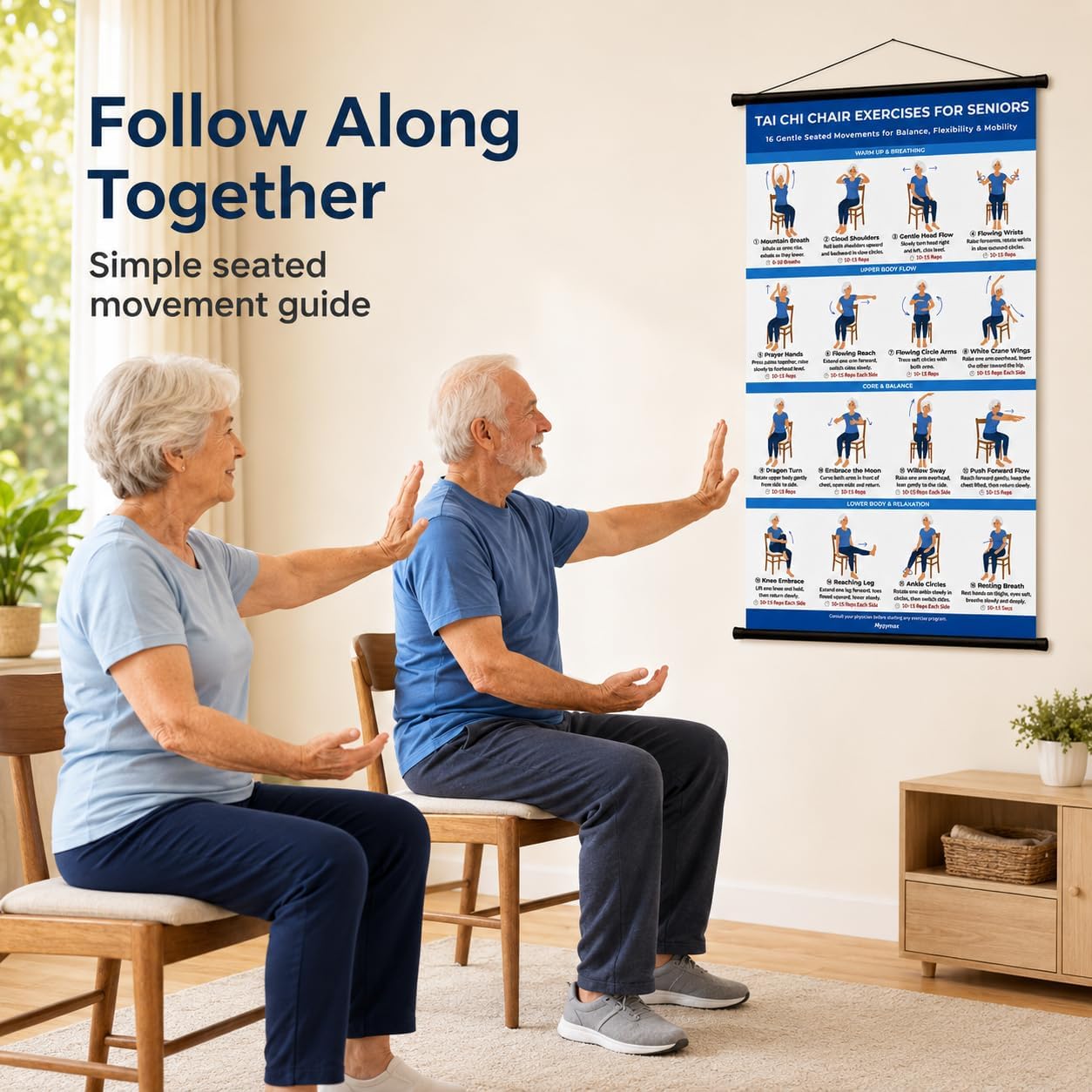 Mgvynvax Tai Chi Chair Workout Chart for Seniors, 24 x 14 in | tai chi for beginners;Easy-to-Read Poster;Simple Seated Moves;2 Hanging Hooks;No Extra Equipment;Gift-Ready Box