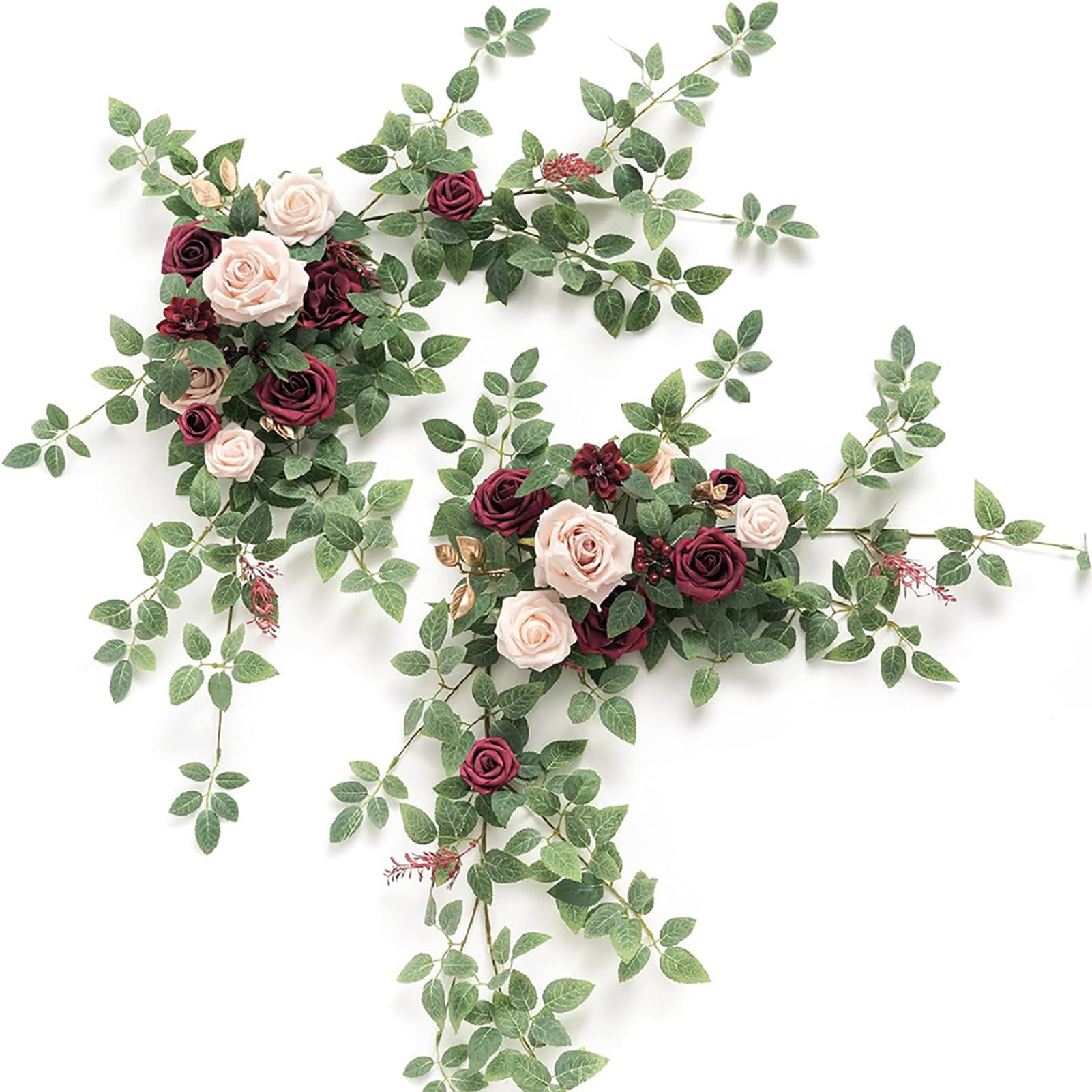 Mokylor 2pcs Wedding Arch Flowers, Artificial Rose Floral Swags Centerpieces with Greenery Welcome Sign Flower Backdrop Garland Burgundy Floral Table Runner for Wedding Home