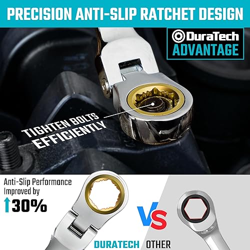 Miniatura 2 de DURATECH Juego de llaves de trinquete extra largas antideslizantes de cabeza flexible, juego de llaves de extremo de caja doble, 6 piezas, métricas
