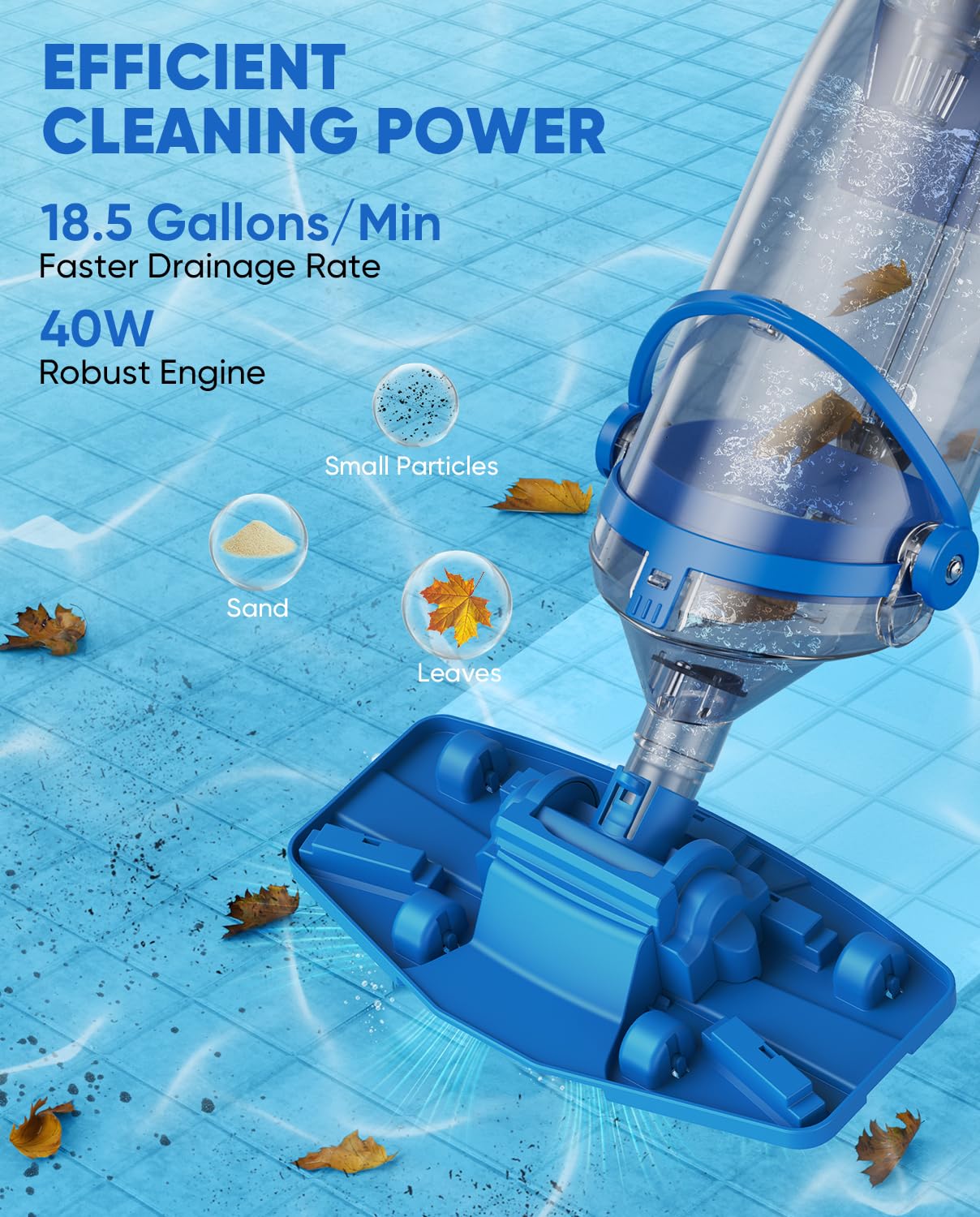Aspiradora inalámbrica para piscina con poste telescópico, potente succión de 18.5 GPM, tecnología de sobrecarga de 1.5 horas, aspiradora de piscina de mano para piscinas sobre el suelo/enterrado