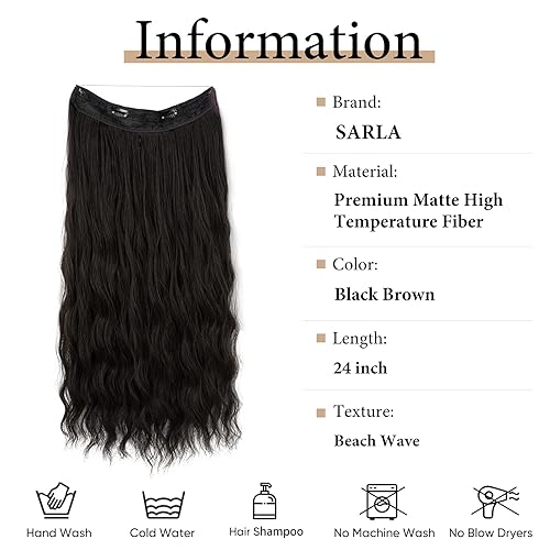 Miniatura 2 de SARLA Extensión de cabello de alambre invisible con 3 clips, extensión de pelo sintético largo de onda de playa transparente ajustable para mujeres,