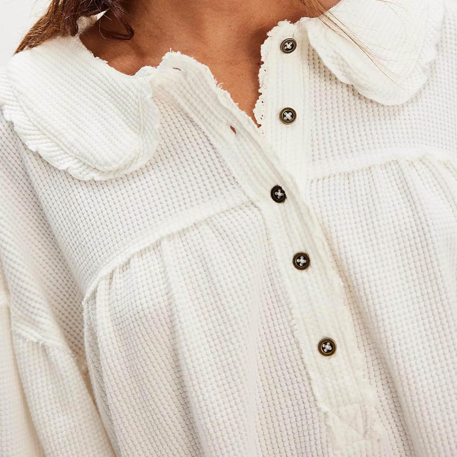 Women's Oversized Waffle Knit Top Peter Pan Collar Shirt Long Sleeve Button Up Blouse Loose Fit Fall Winter Casual