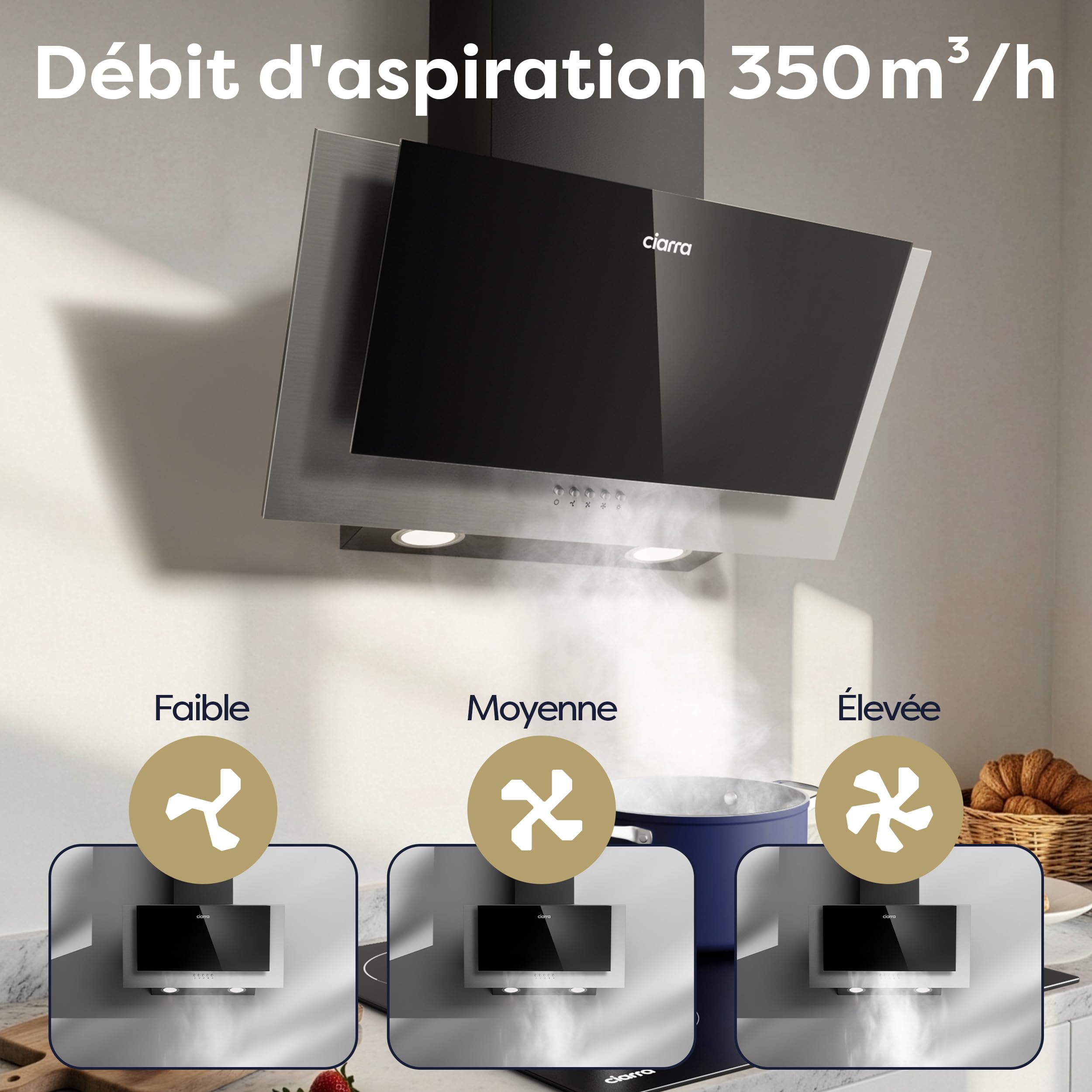 Ciarra Hotte Aspirante Inclinée 60cm 350m³/h Classe A++ Hotte de Cuisine Murale Noire