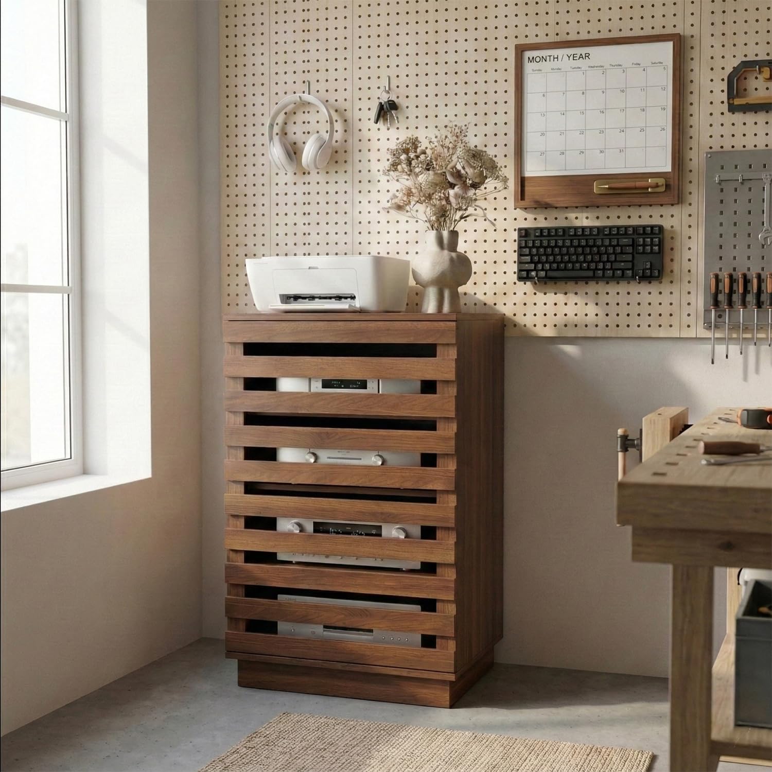 Modern Slatted Audio Component Cabinet, 4-Tier Stereo Equipment Rack Media Stand with Ventilated Door & Cable Management, Rustic Brown 35.4" Tall