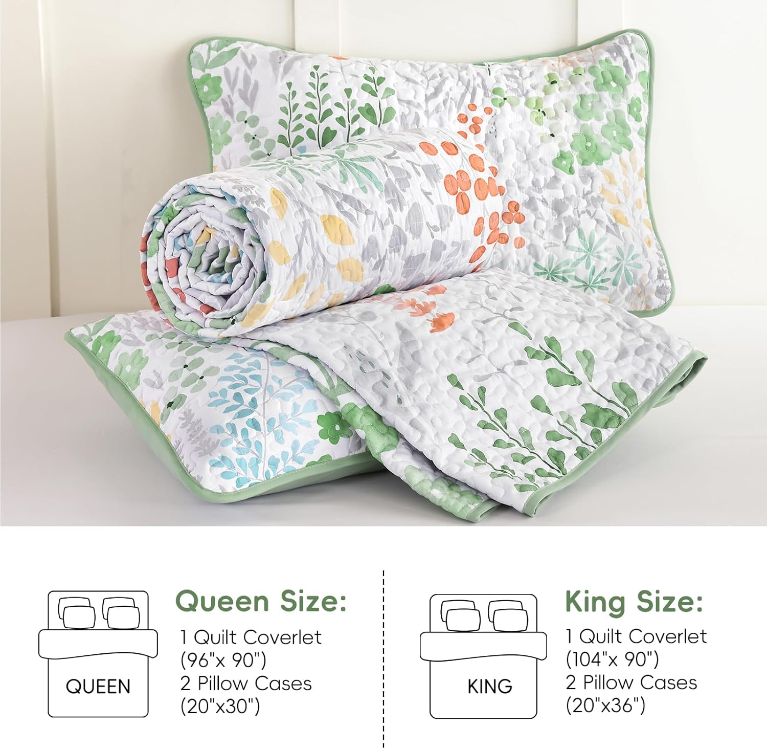 Xruibed Floral Quilt Sets Queen Size Green Quilt Set 3 Pieces Bedspreads Bedding Set Soft and Cozy Microfiber Lightweight Quilt Flower Bed Coverlet Sets for All Season - Image 8