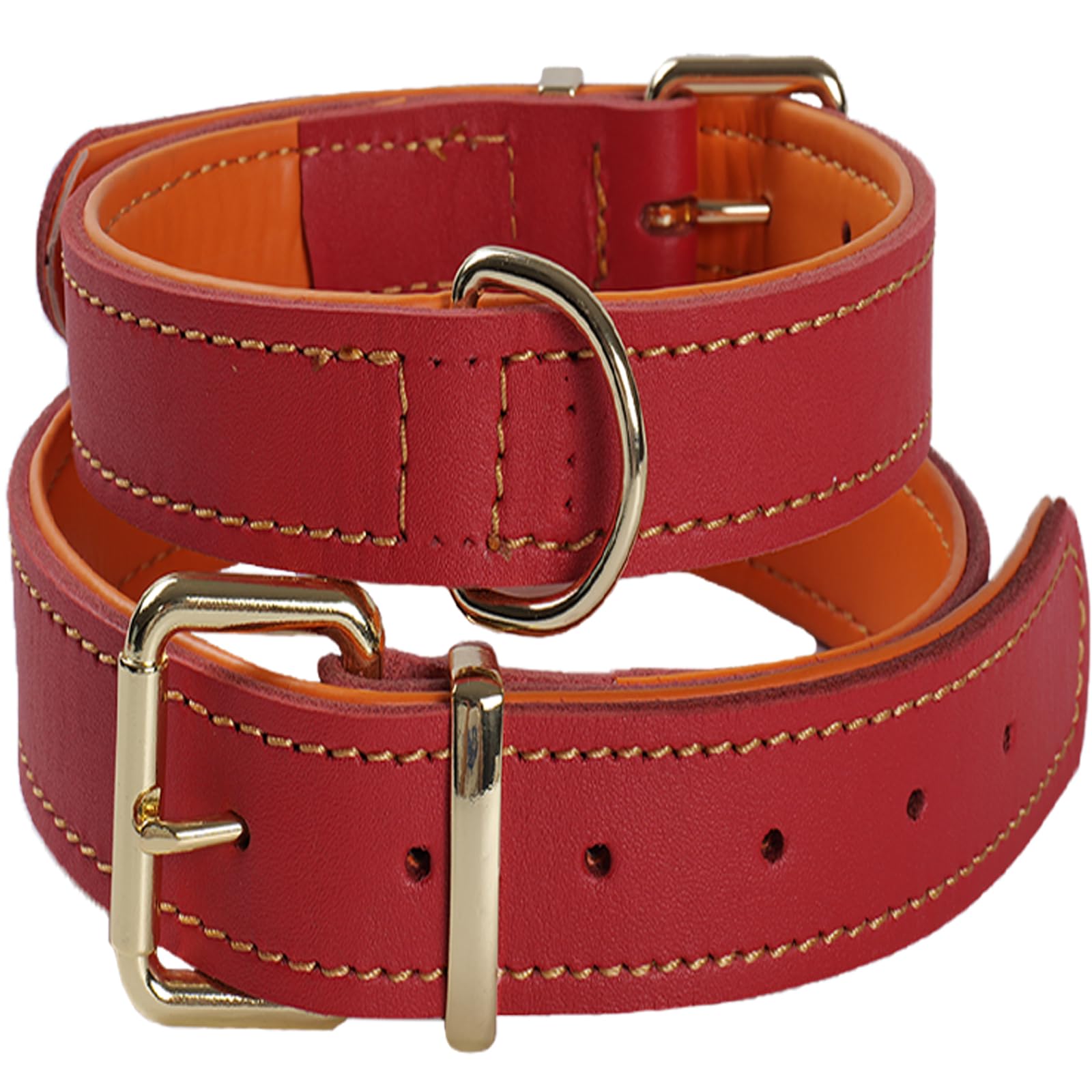 Heavy Duty Leather Dog Collar，Genuine Padded and Handcrafted for Medium, Large and XL Breeds, Thick Comfortable Design, Strong Soft Durability (Red,XL)