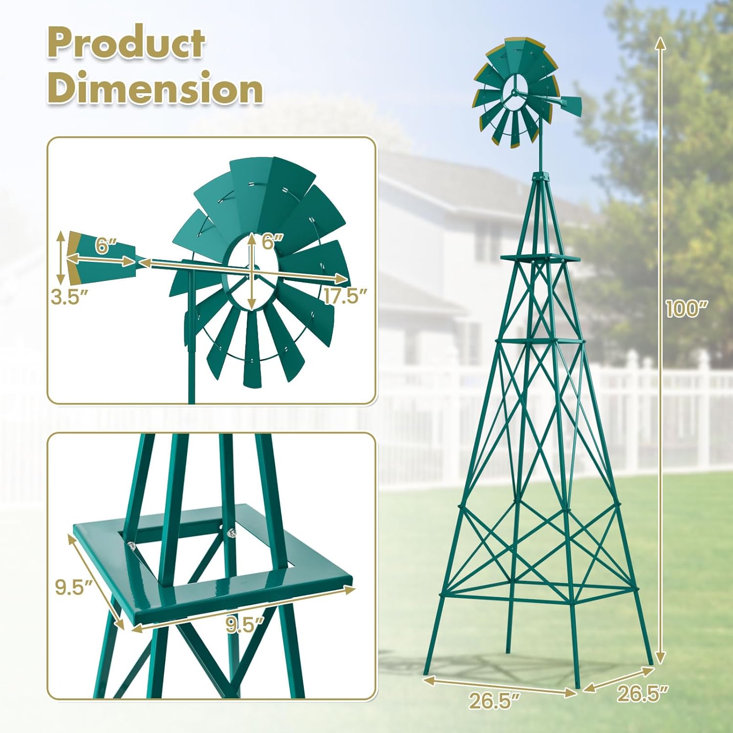 HAPPYGRILL 8FT Windmill for Yard, Metal Ornamental Weather Vane with Triangular Support Structure, 4 Ground Stakes, Outdoor Windmills for Garden, Lawn, Backyard Decoration, Green