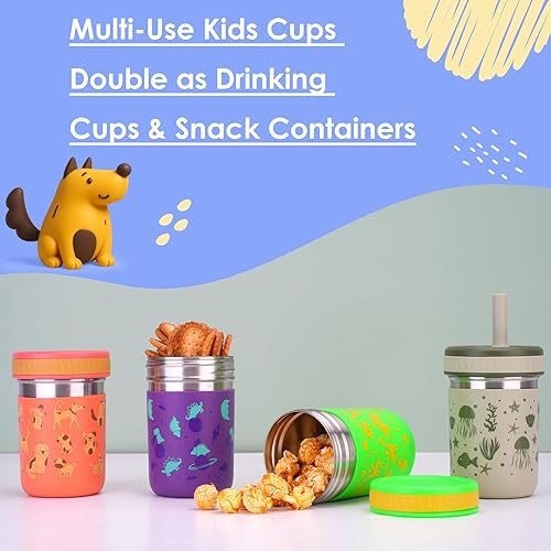 Miniatura 4 de Sursip Vasos para niños pequeños con tapas y popotes, de acero inoxidable, a prueba de derrames, para batidos y aperitivos, sin BPA, aptos para
