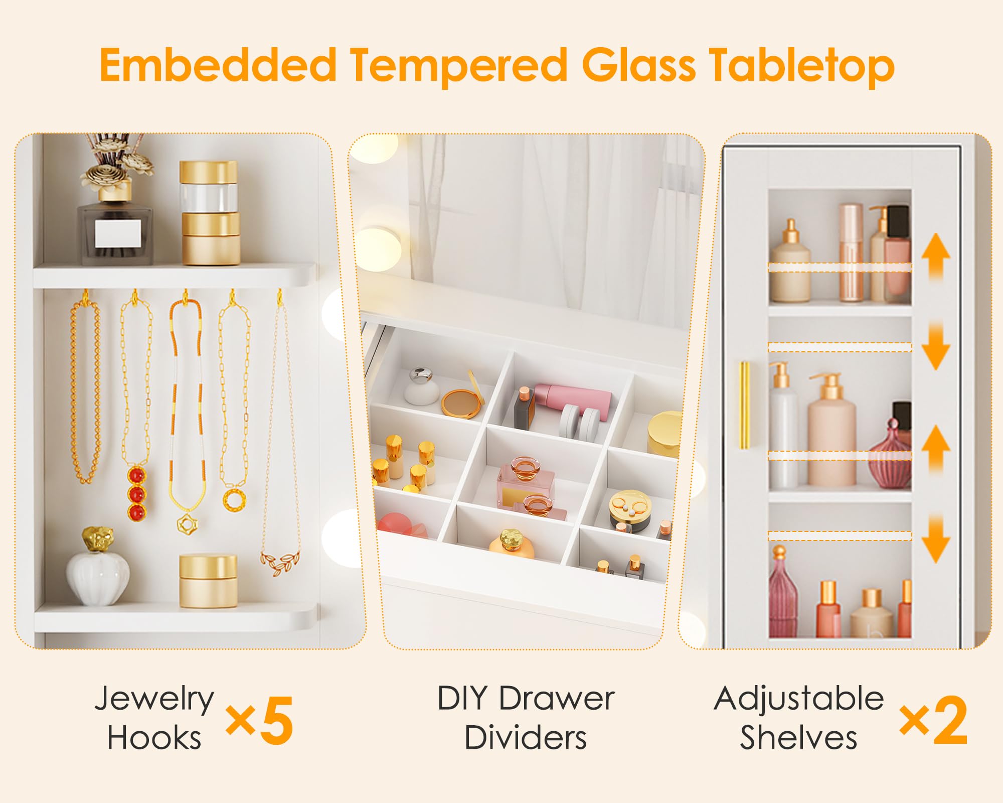ANWBROAD Grande Coiffeuse avec Miroir et Prise, Éclairage LED Réglable,Table de Maquillage avec Plateau en Verre Coiffeuse Moderne avec 8 Tiroirs 3 Étagères 5 Crochets Blanc BDT88W