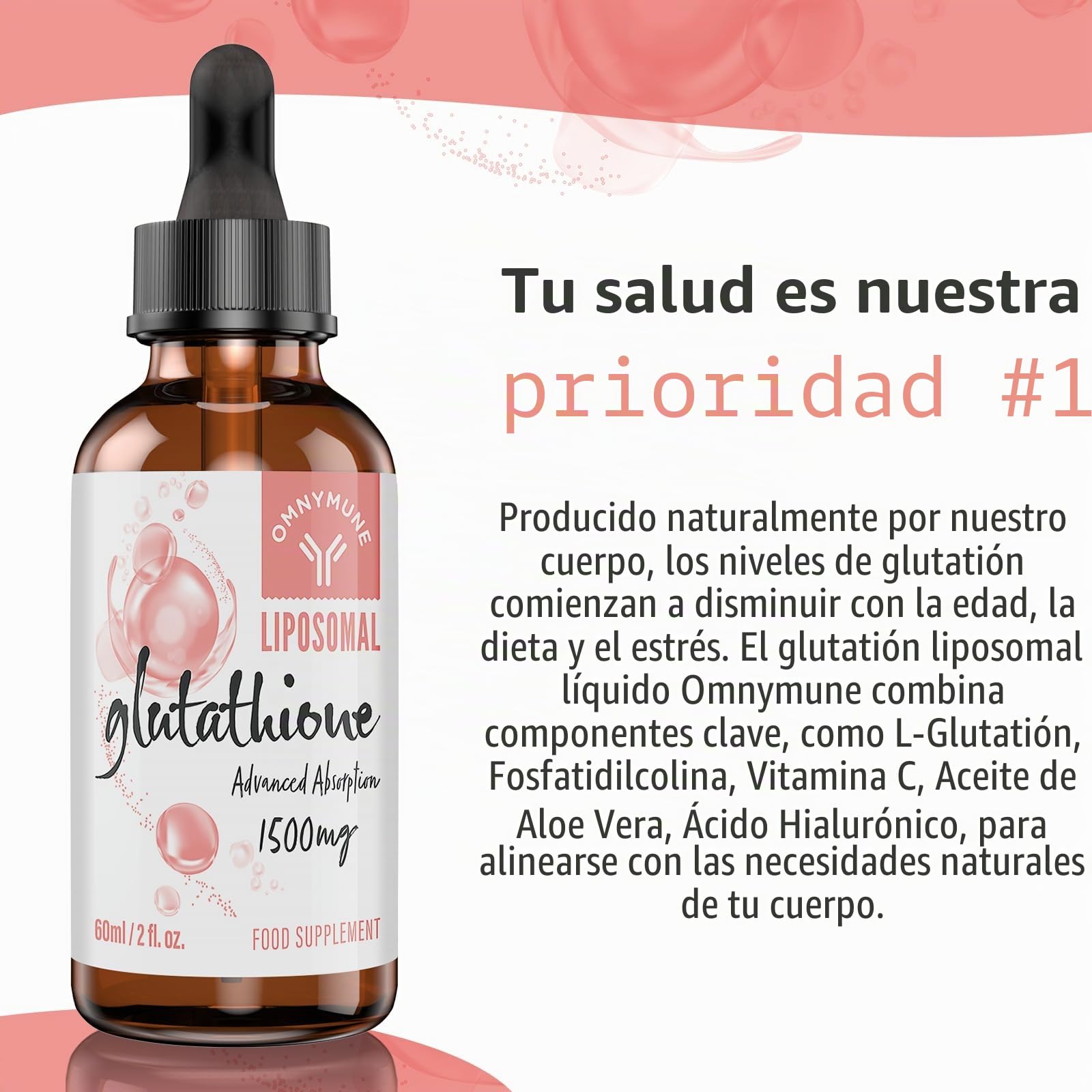 Glutatión Liposomal 1500 mg, Líquido de glutatión Oral con Vitamina C, L-Glutatión reducido (GSH), Vegano 180 ml