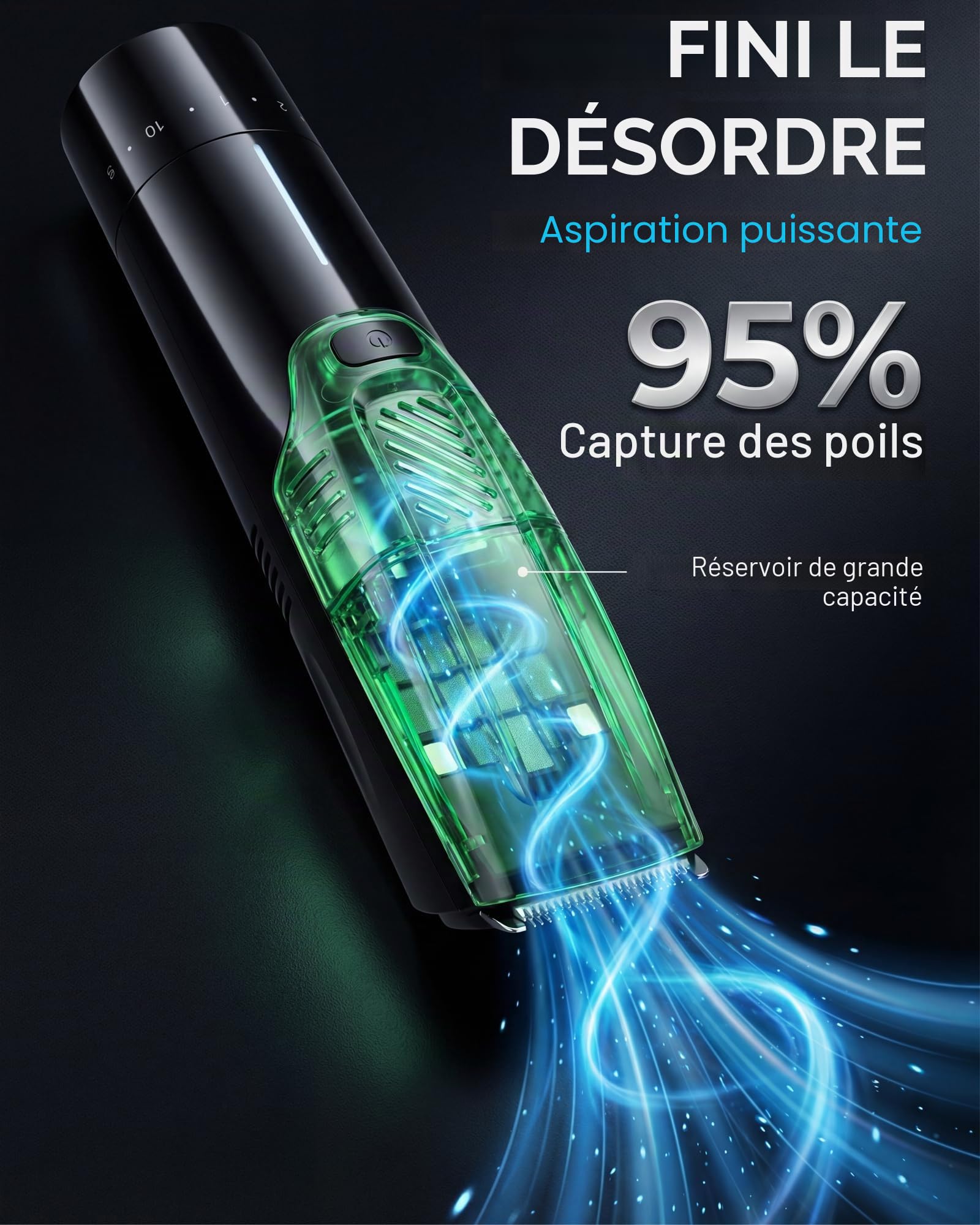 Tondeuse à barbe pour homme – 2 vitesses d'aspiration et puissance réglables, IPX6 étanche humide/sec, sans fil, 40 réglages de longueur (0,5 à 20 mm), charge rapide USB-C, bac magnétique facile à